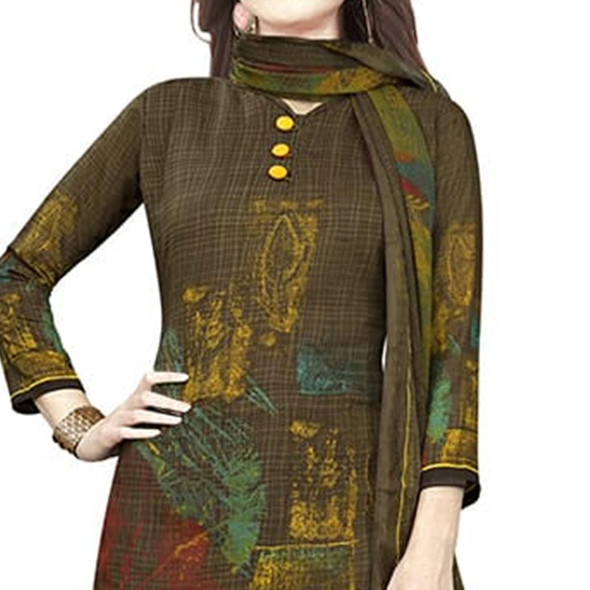 Staring Dark Brown Colored Casual Printed Crepe Churidar Dress Material - Peachmode