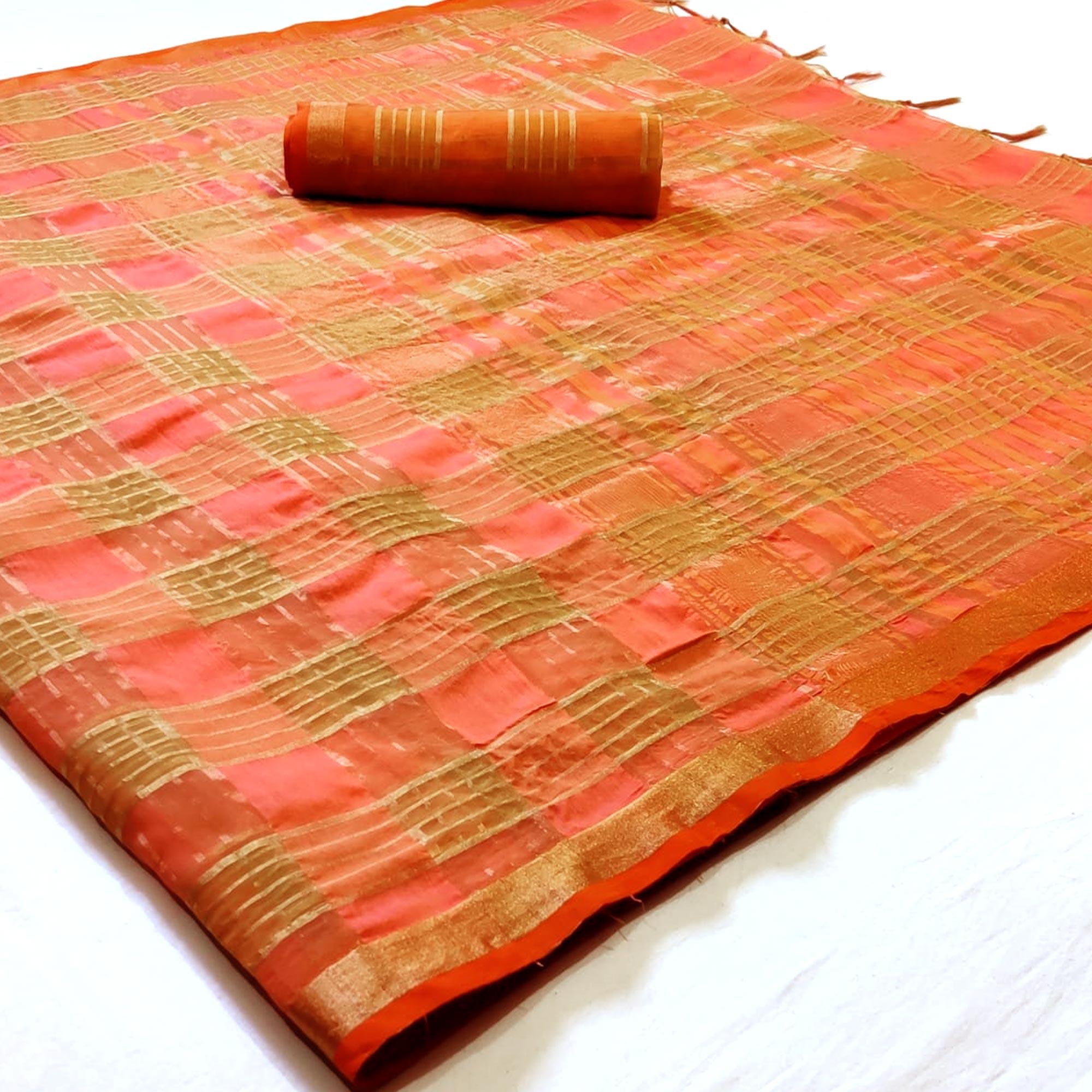 Staring Dark Peach Colored Festive Wear Woven Linen Saree - Peachmode