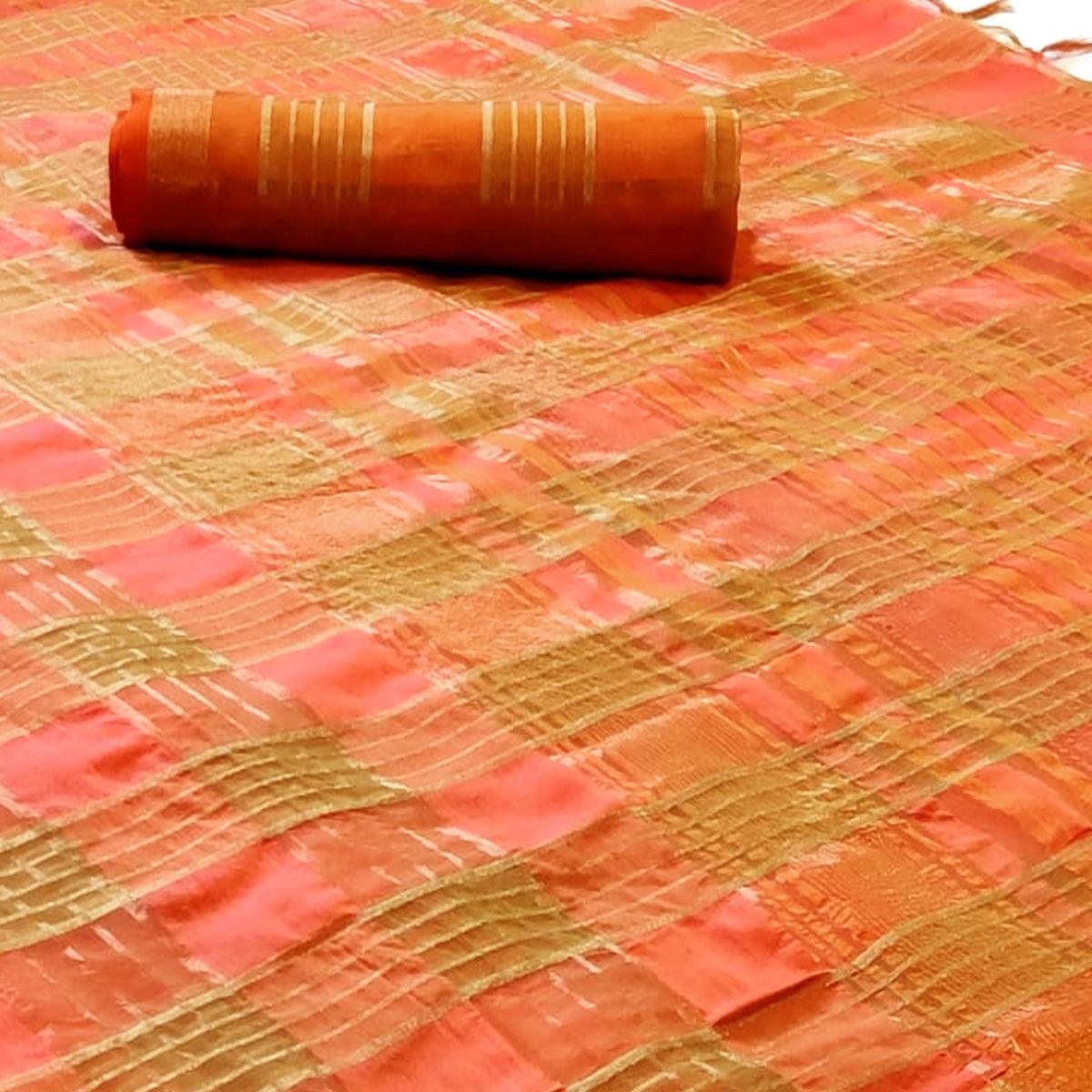 Staring Dark Peach Colored Festive Wear Woven Linen Saree - Peachmode
