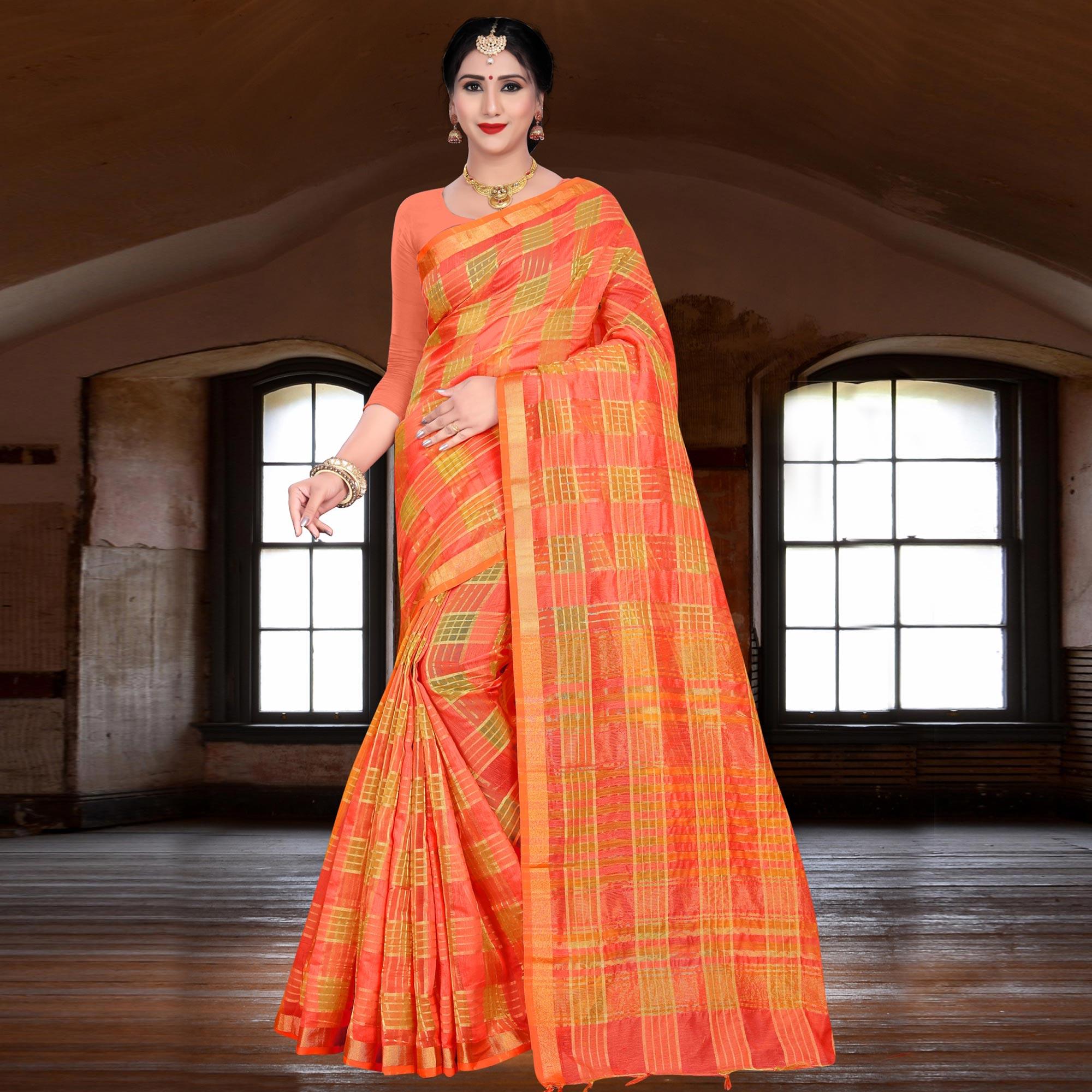 Staring Dark Peach Colored Festive Wear Woven Linen Saree - Peachmode