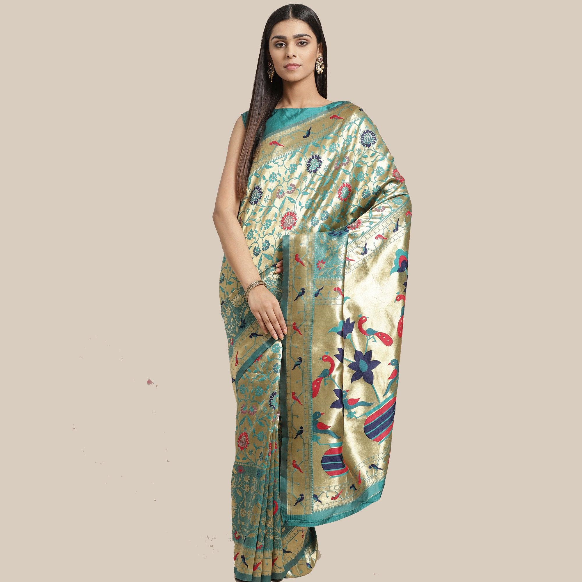 Staring Gold-Green Colored Festive Wear Woven Silk Blend Saree - Peachmode