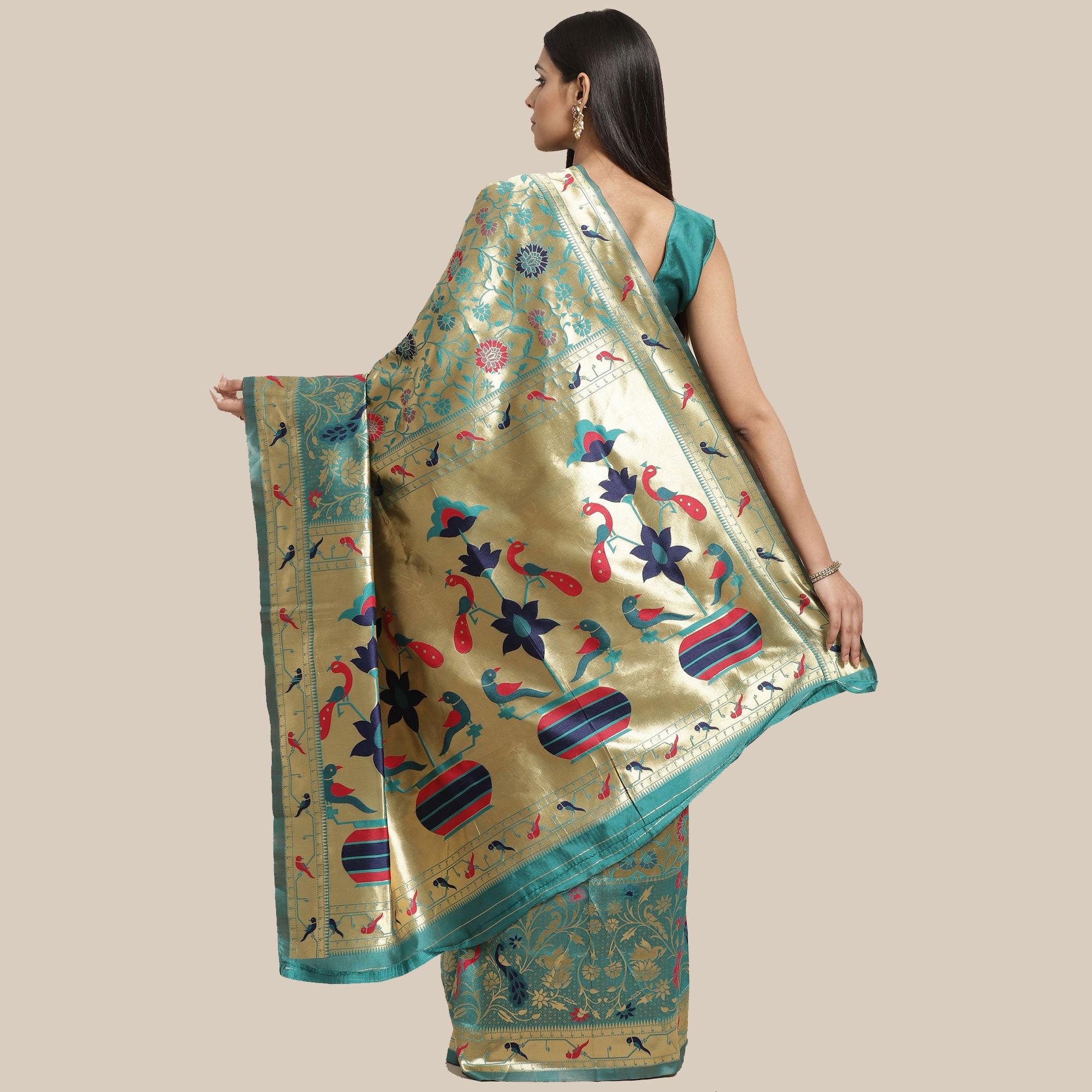 Staring Gold-Green Colored Festive Wear Woven Silk Blend Saree - Peachmode
