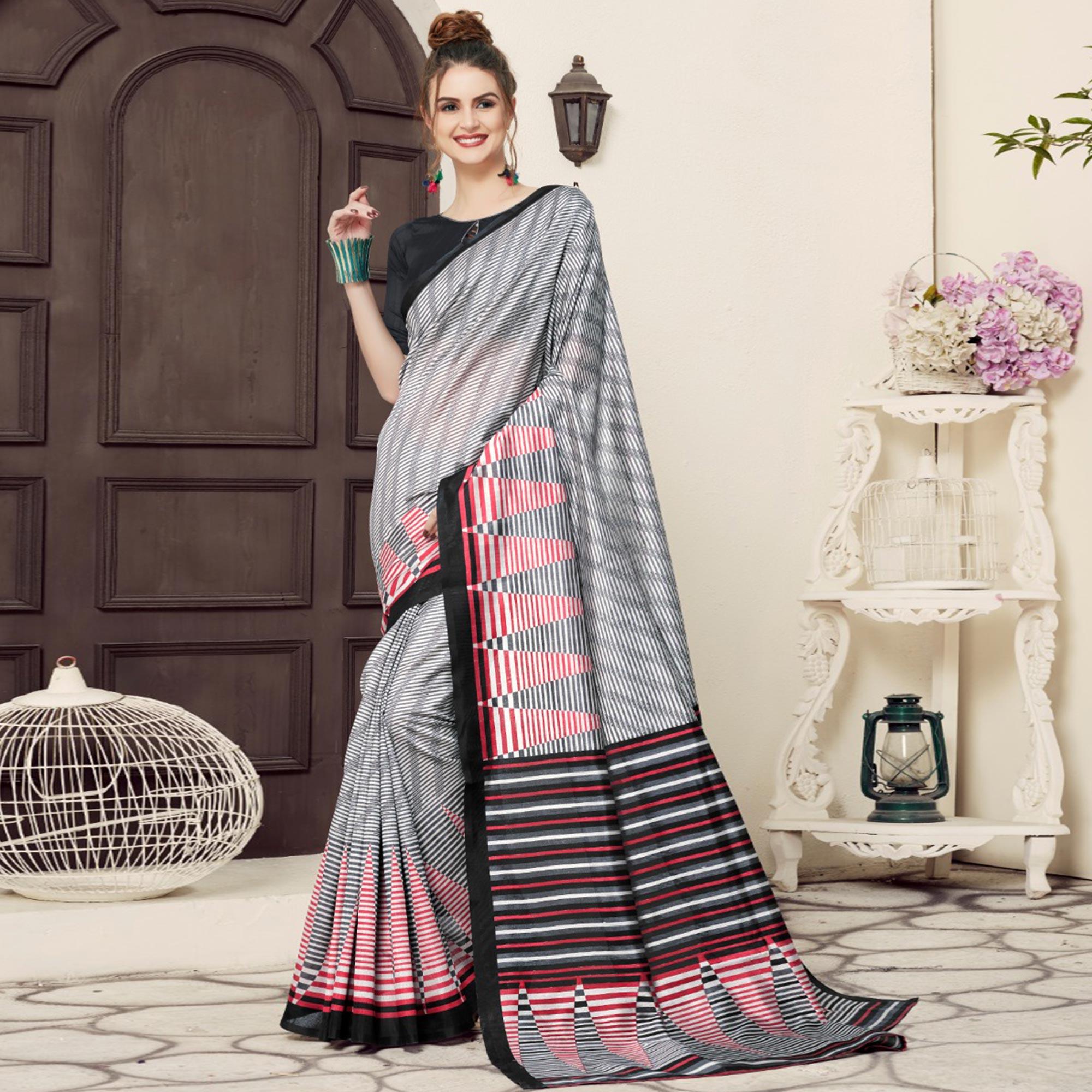 Staring Gray-Black Colored Casual Printed Bhagalpuri Silk Saree - Peachmode