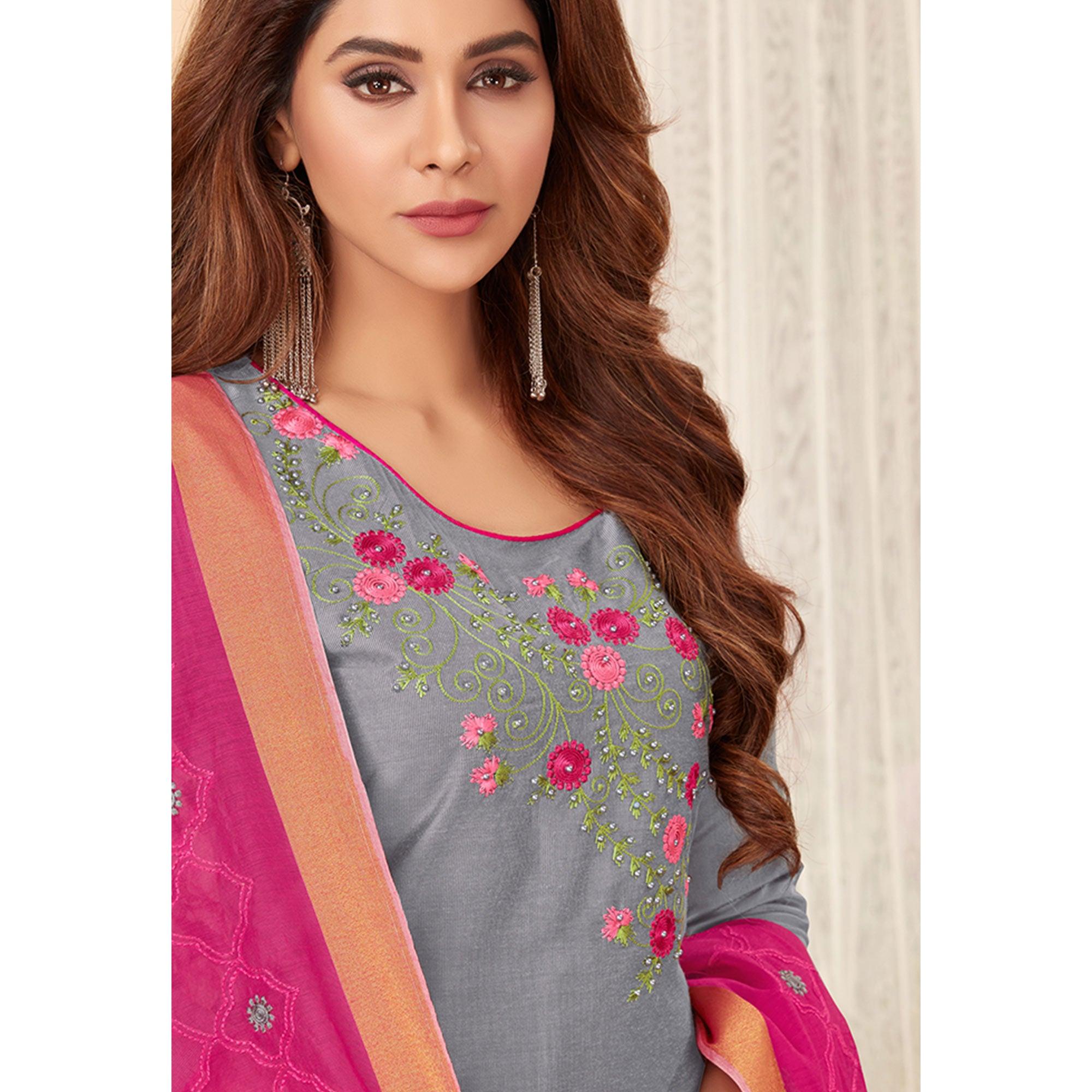 Staring Gray Colored Casual Wear Embroidered Cotton Dress Material - Peachmode