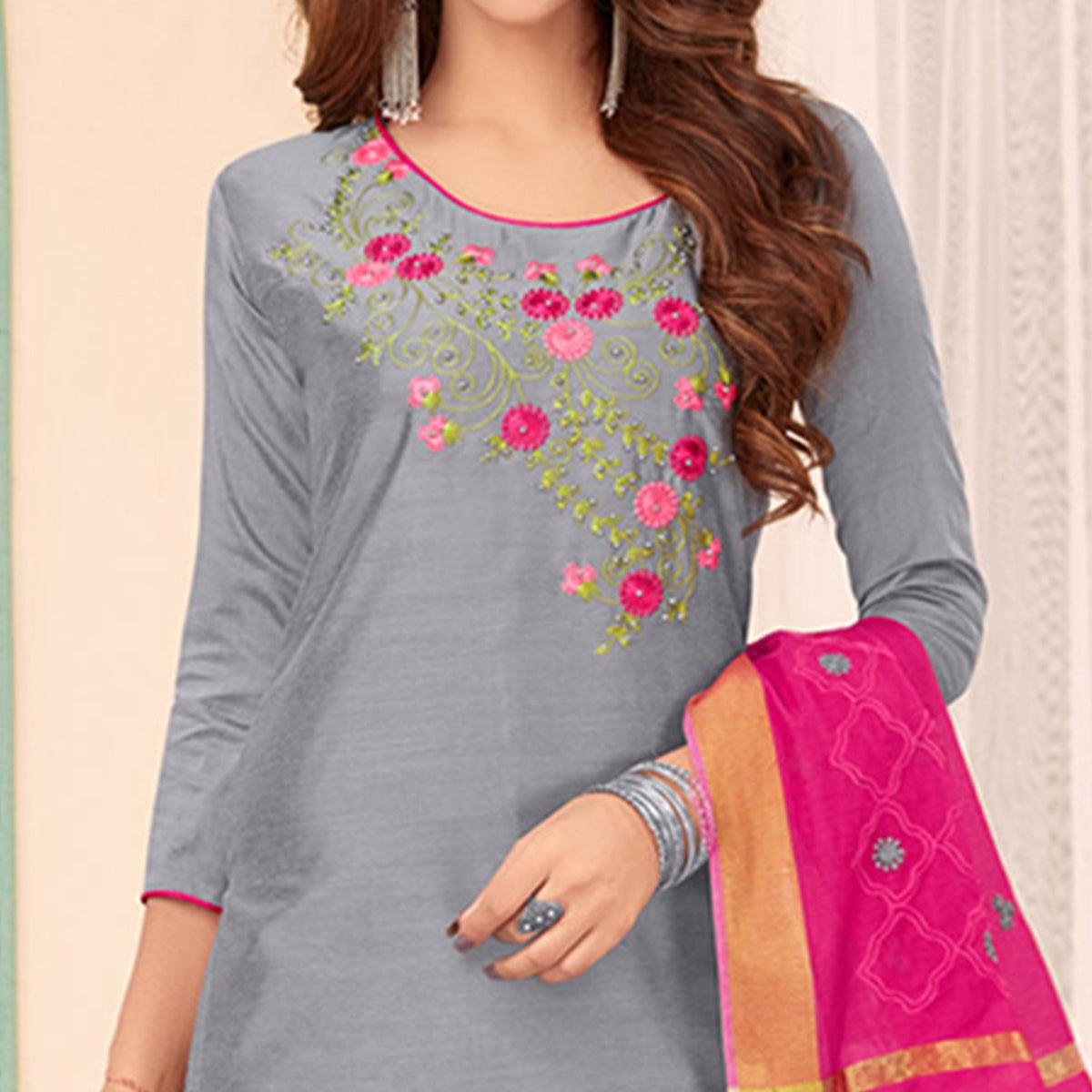 Staring Gray Colored Casual Wear Embroidered Cotton Dress Material - Peachmode