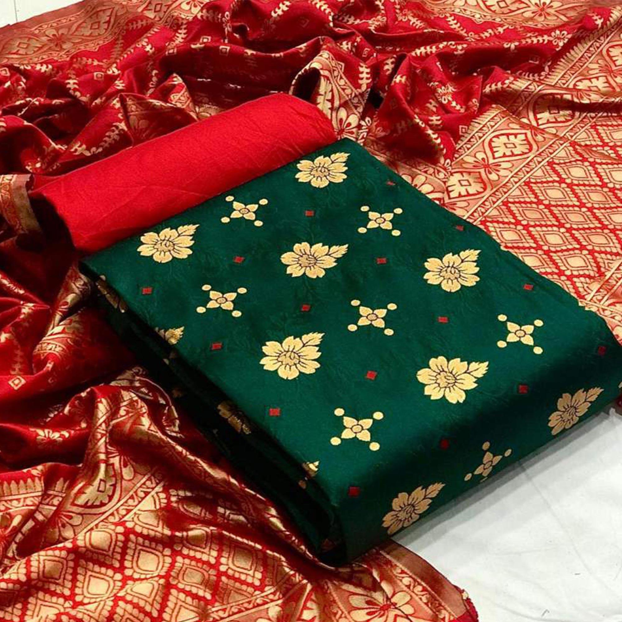 Staring Green Colored Casual Wear Banarasi Silk Dress Material - Peachmode