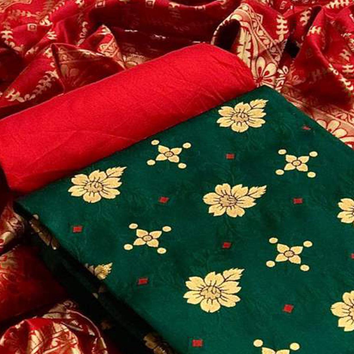 Staring Green Colored Casual Wear Banarasi Silk Dress Material - Peachmode