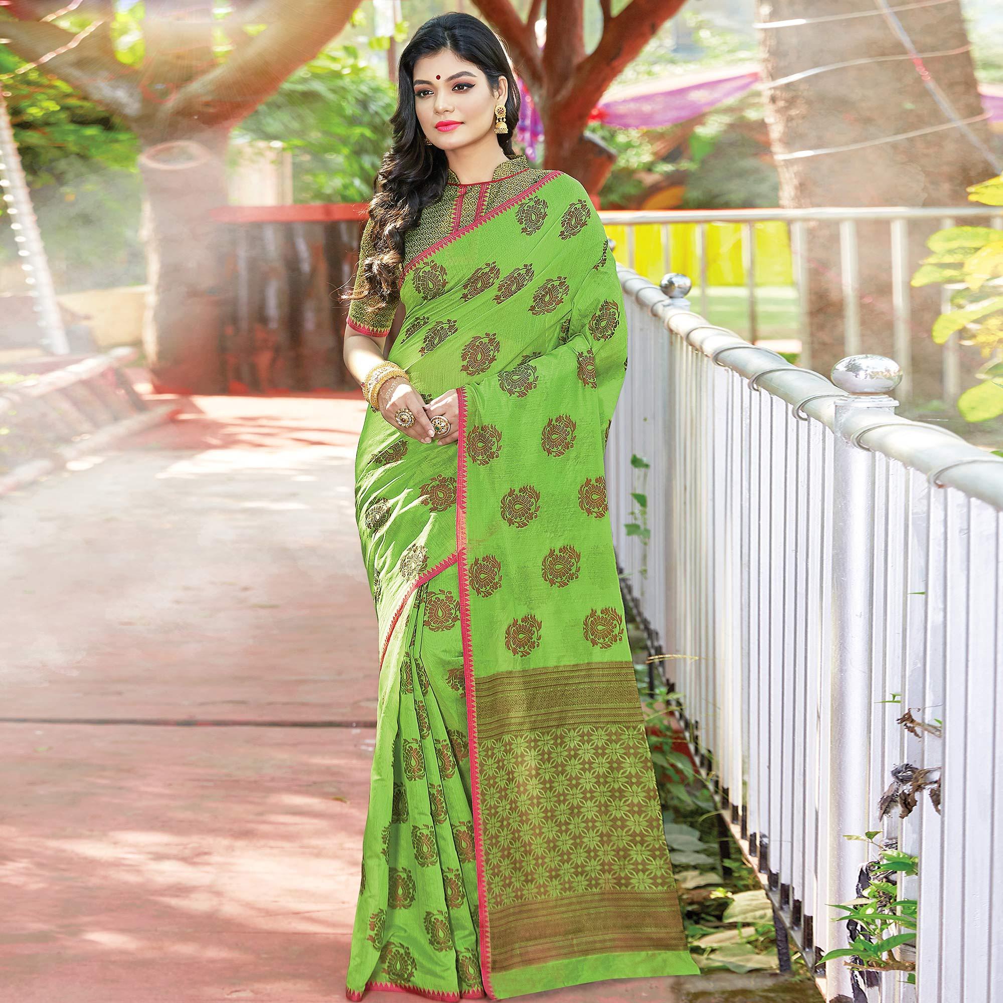Staring Green Colored Festive Wear Woven Cotton Handloom Saree - Peachmode
