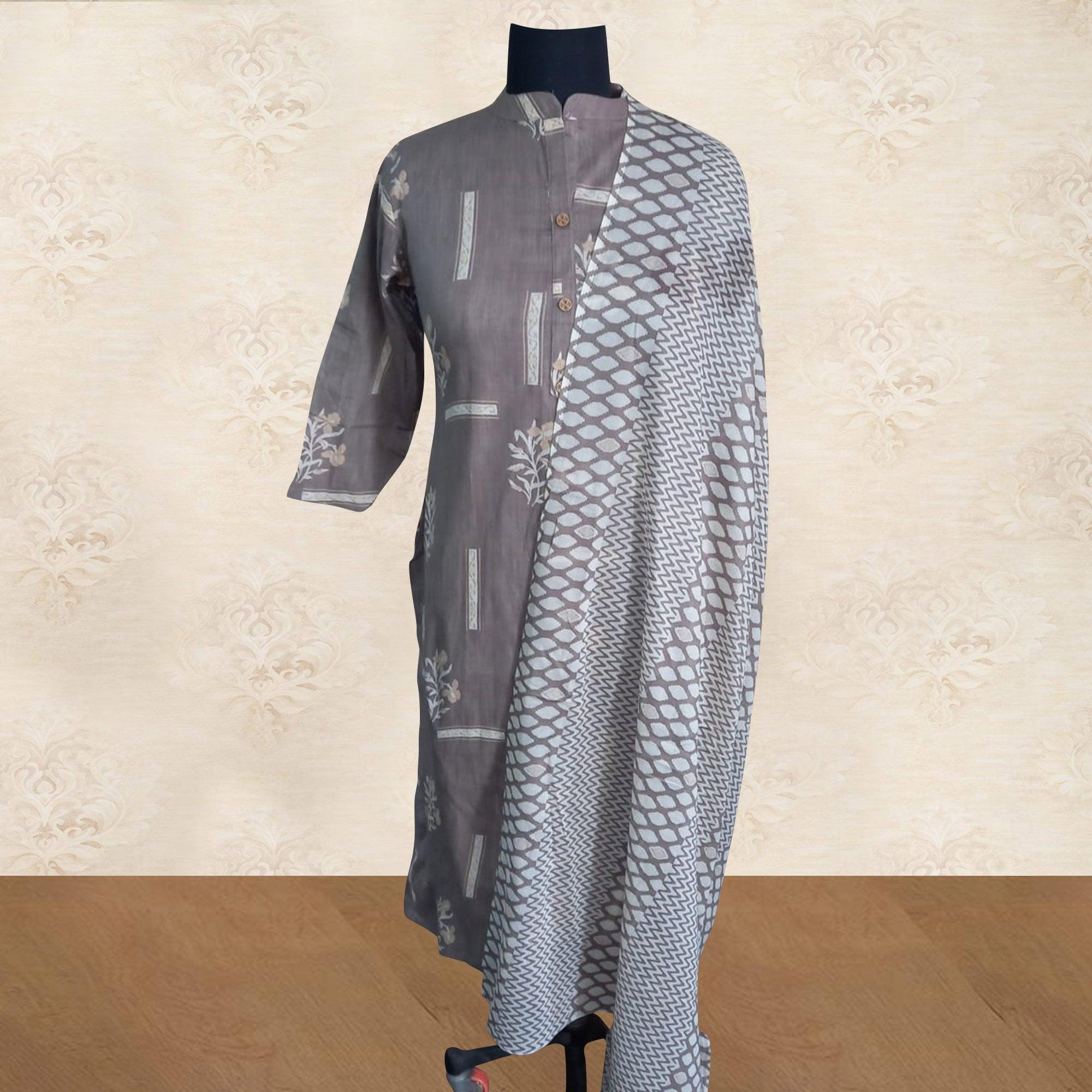 Staring Grey Colored Casual Wear Printed Pure Cotton Kurti With Dupatta - Peachmode