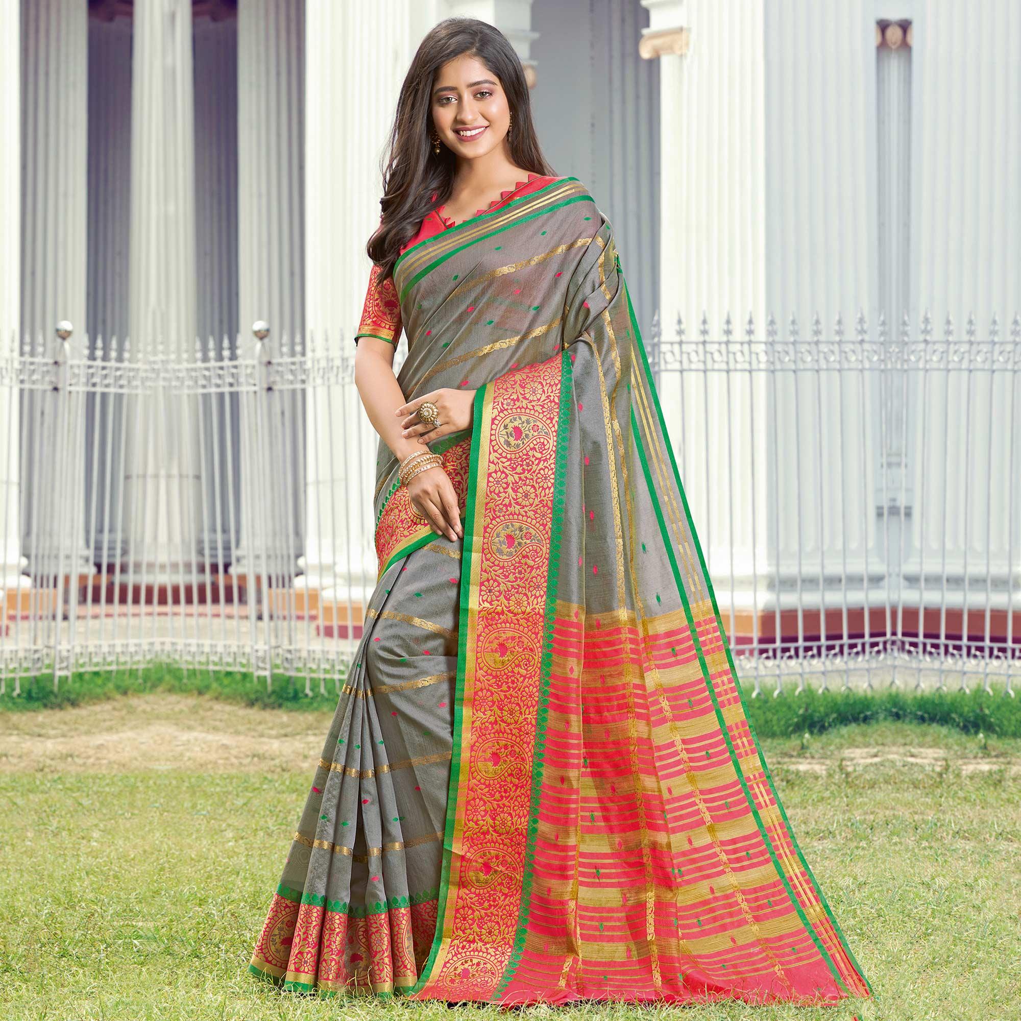 Staring Grey Colored Festive Wear Woven Handloom Silk Saree - Peachmode