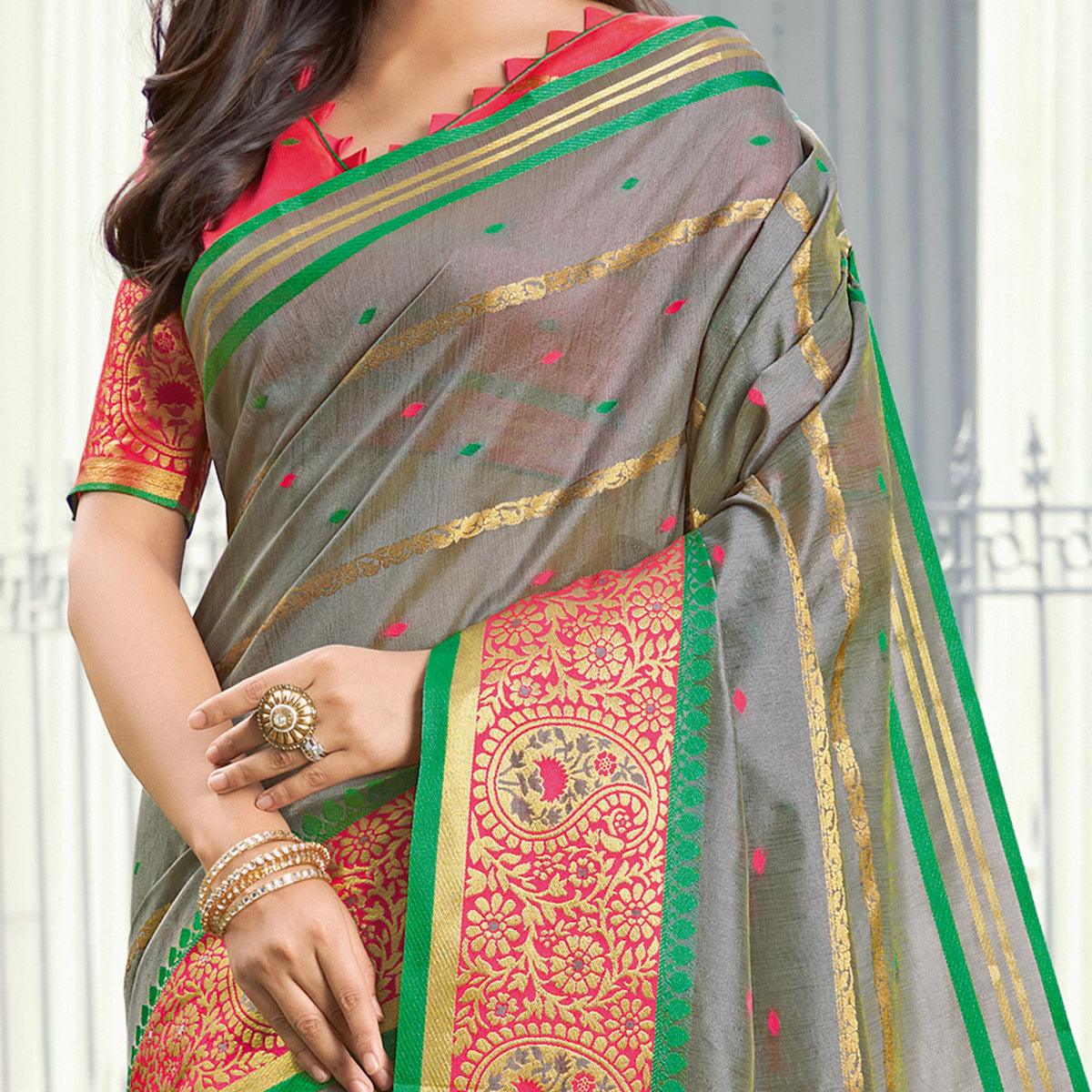 Staring Grey Colored Festive Wear Woven Handloom Silk Saree - Peachmode