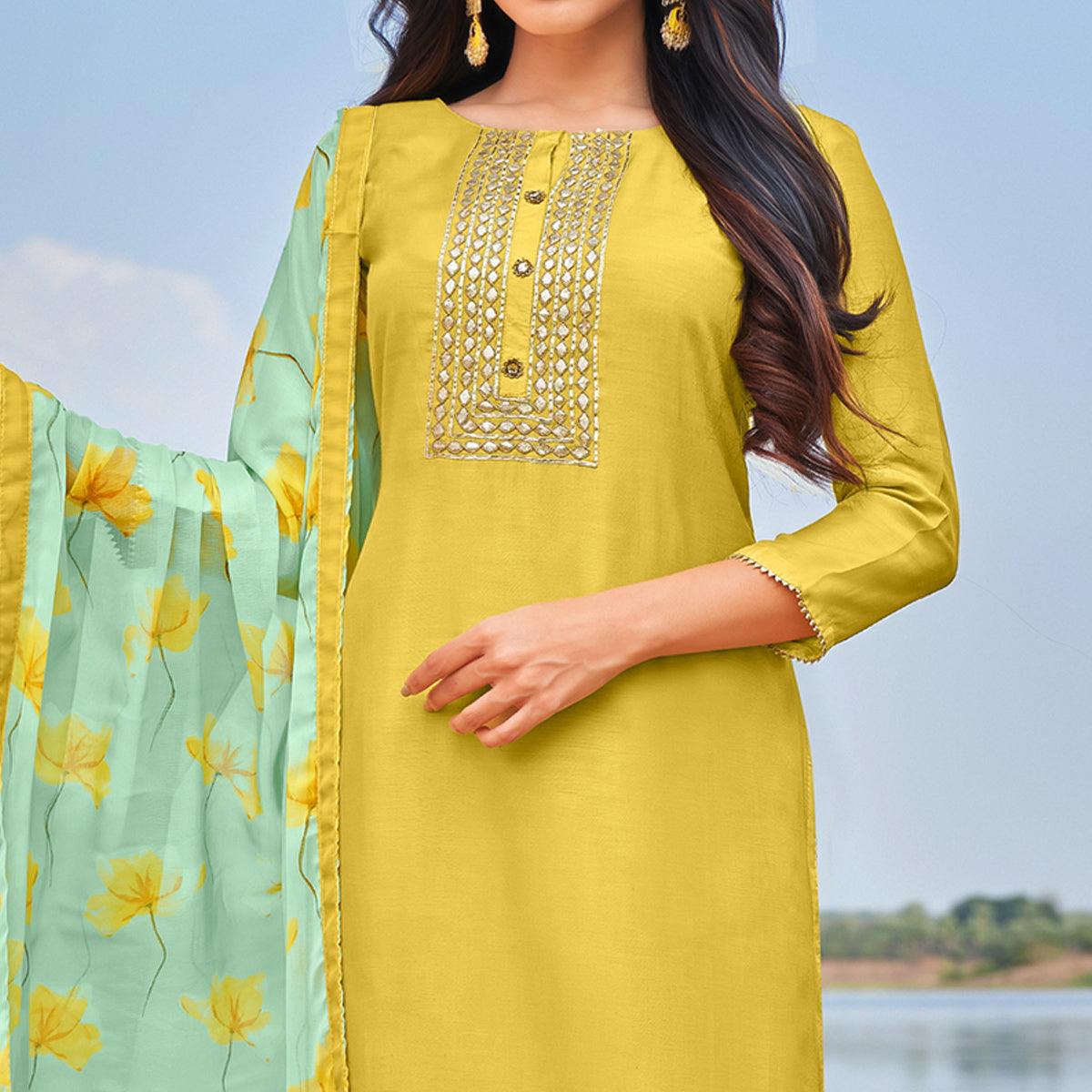 Staring Lemon Yellow Colored Partywear Embroidered Modal Cotton Dress Material - Peachmode