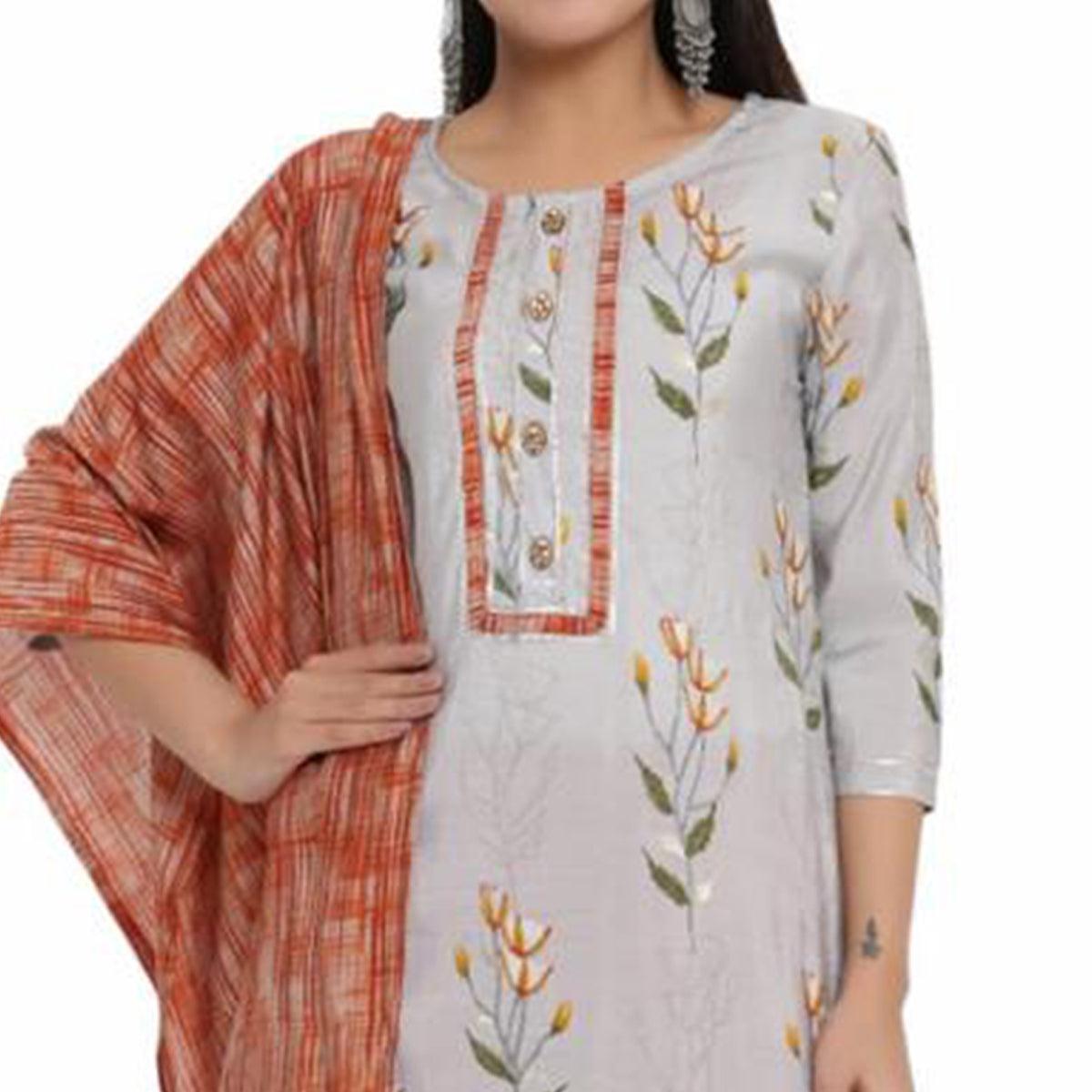 Staring Light Grey Colored Casual Wear Printed Muslin Kurti - Palazzo Set - Peachmode