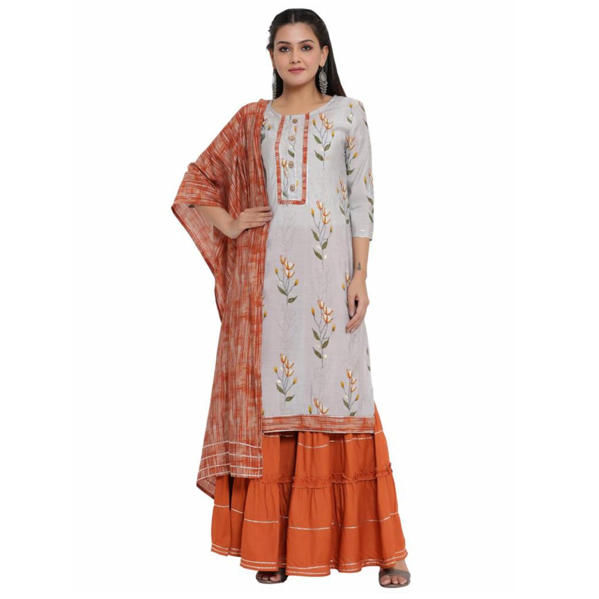 Staring Light Grey Colored Casual Wear Printed Muslin Kurti - Palazzo Set - Peachmode