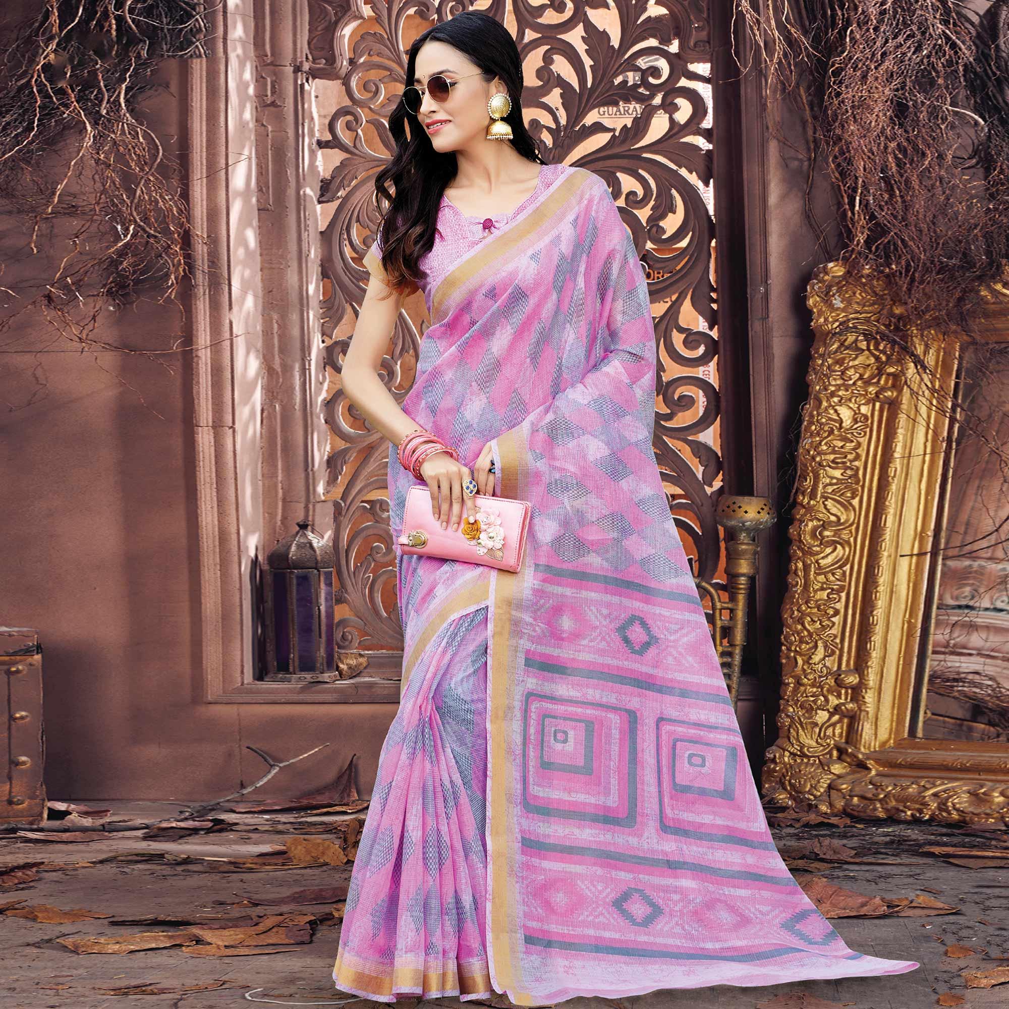 Staring Light Pink Colored Casual Wear Printed Cotton Saree - Peachmode
