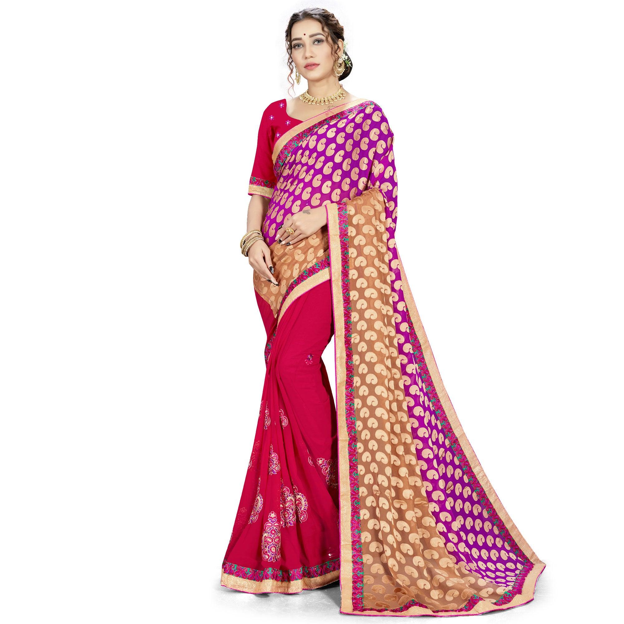 Staring Maroon-Brown Colored party Wear Embroidered Georgette Half-Half Saree - Peachmode