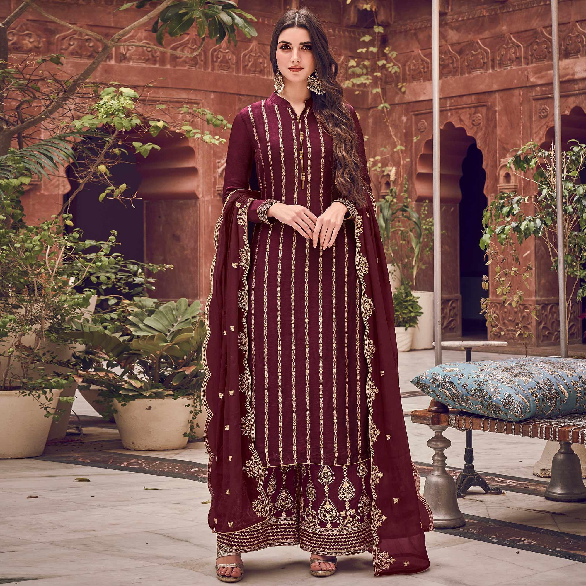 Staring Maroon Colored Partywear Embroidered Pure Dola Jacquard Palazzo Suit - Peachmode