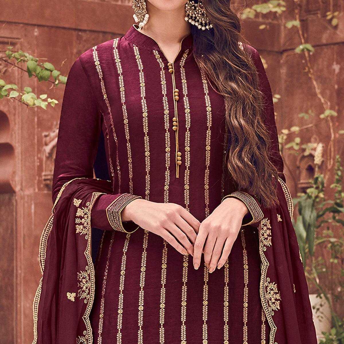 Staring Maroon Colored Partywear Embroidered Pure Dola Jacquard Palazzo Suit - Peachmode