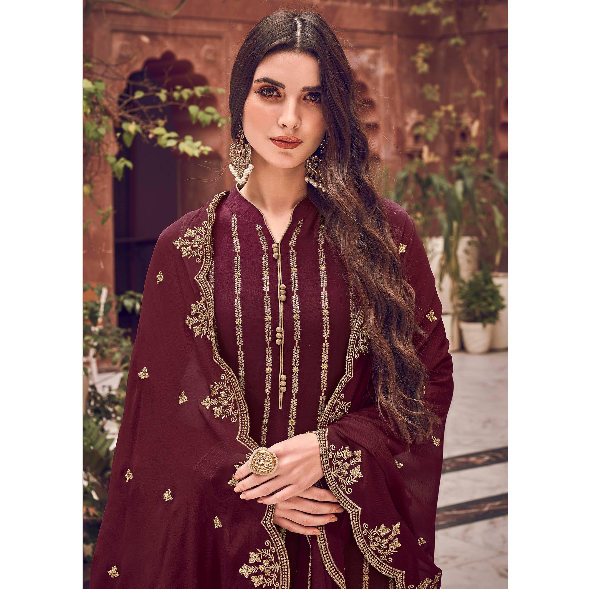 Staring Maroon Colored Partywear Embroidered Pure Dola Jacquard Palazzo Suit - Peachmode