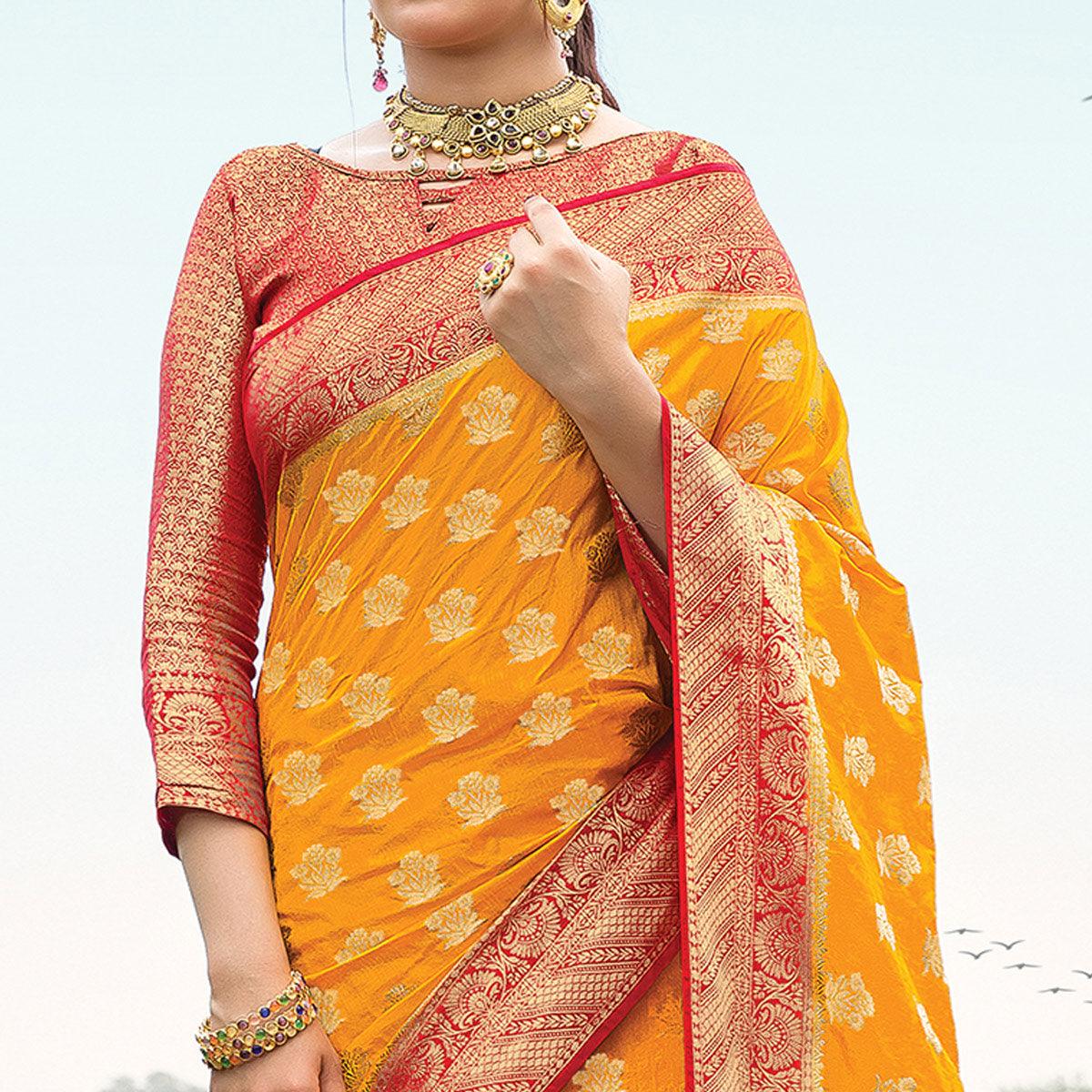 Staring Mustard Yellow Colored Festive Wear Woven Nylon Silk Saree - Peachmode