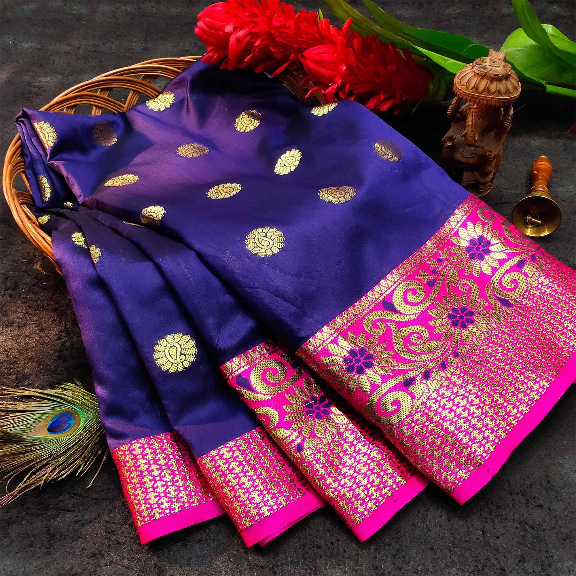 Staring Navy Blue Colored Festive Wear Woven Kanjivaram Silk Saree - Peachmode