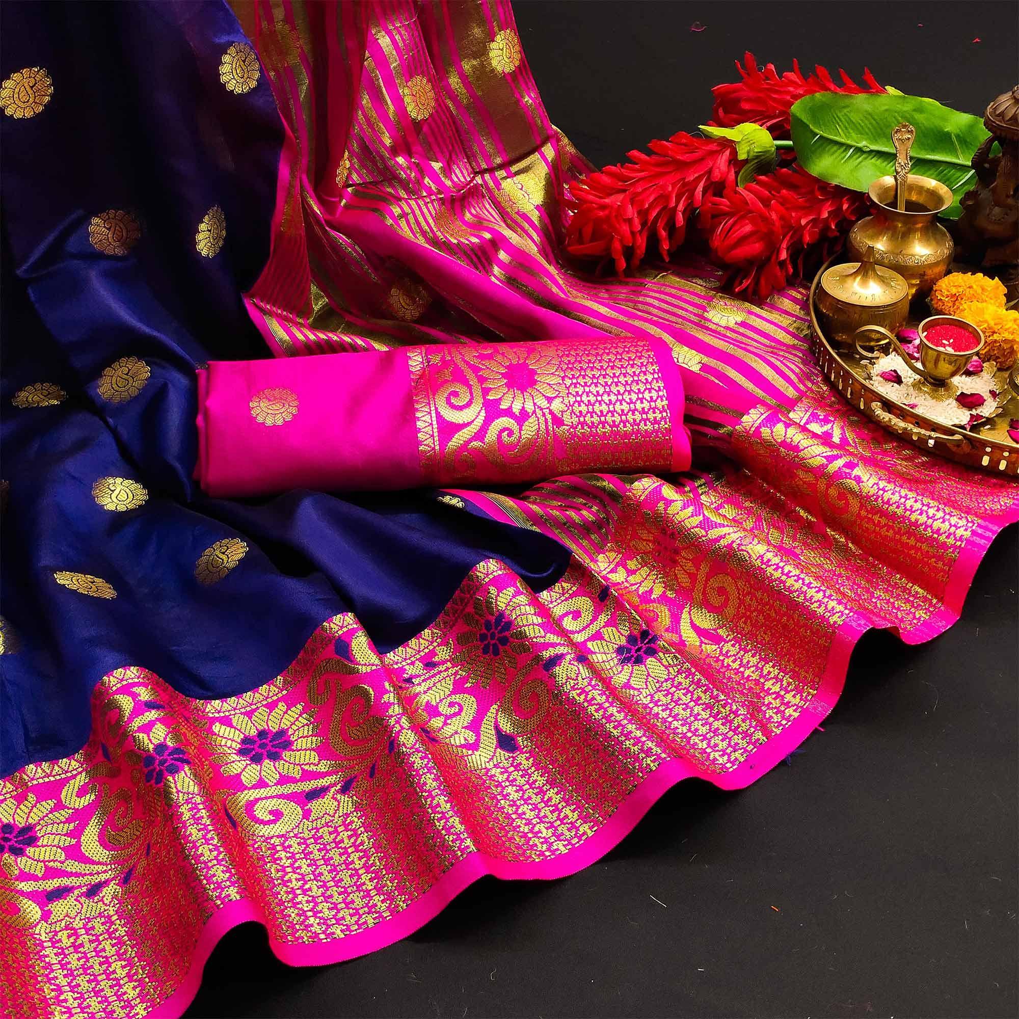 Staring Navy Blue Colored Festive Wear Woven Kanjivaram Silk Saree - Peachmode