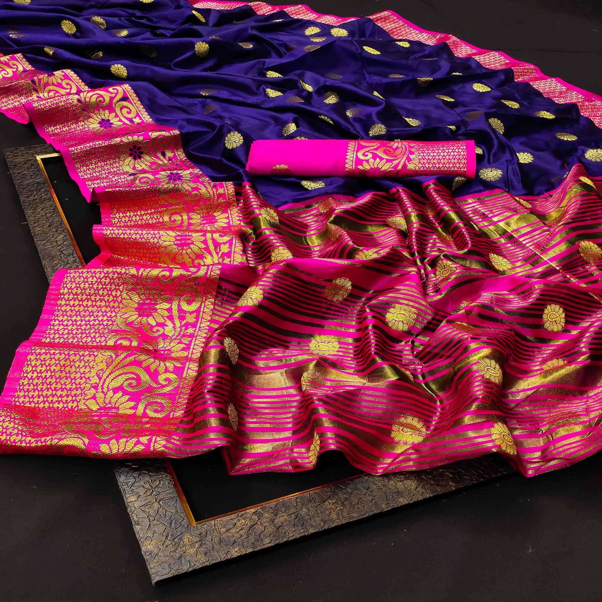 Staring Navy Blue Colored Festive Wear Woven Kanjivaram Silk Saree - Peachmode