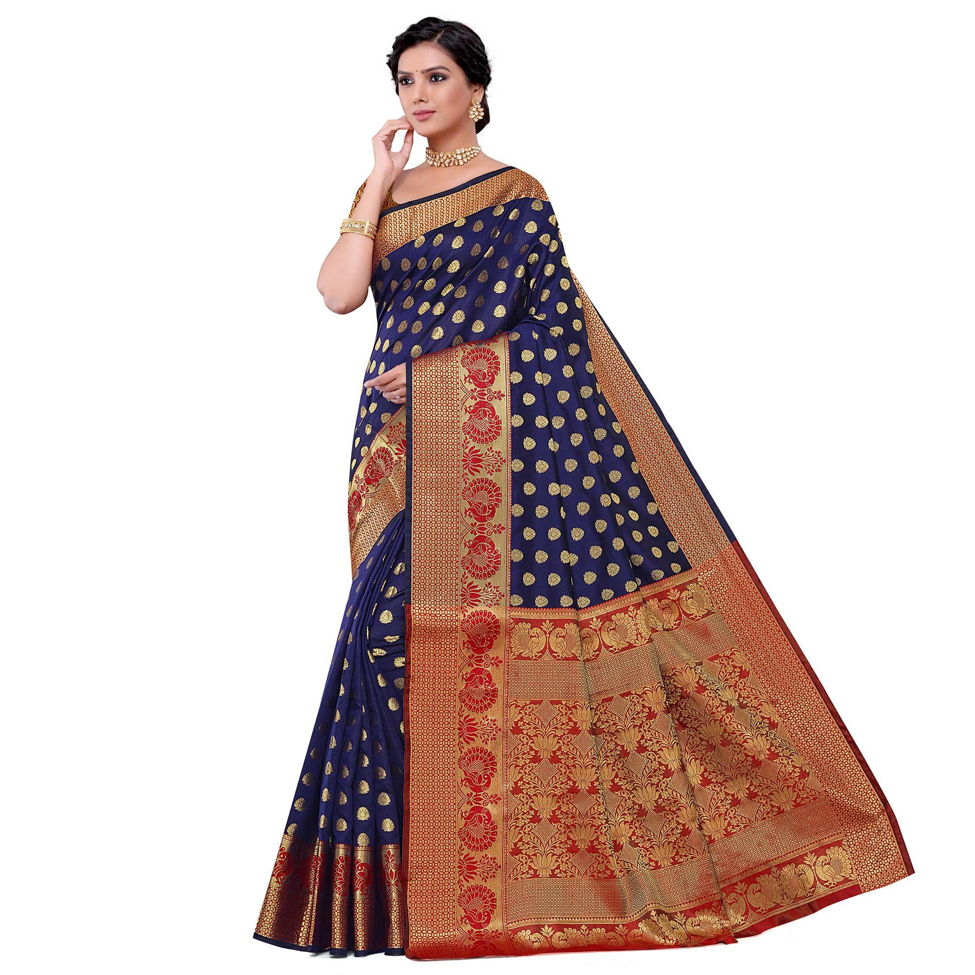 Staring Navy Blue Colored Festive Wear Woven Kota Art Silk Banarasi Saree - Peachmode