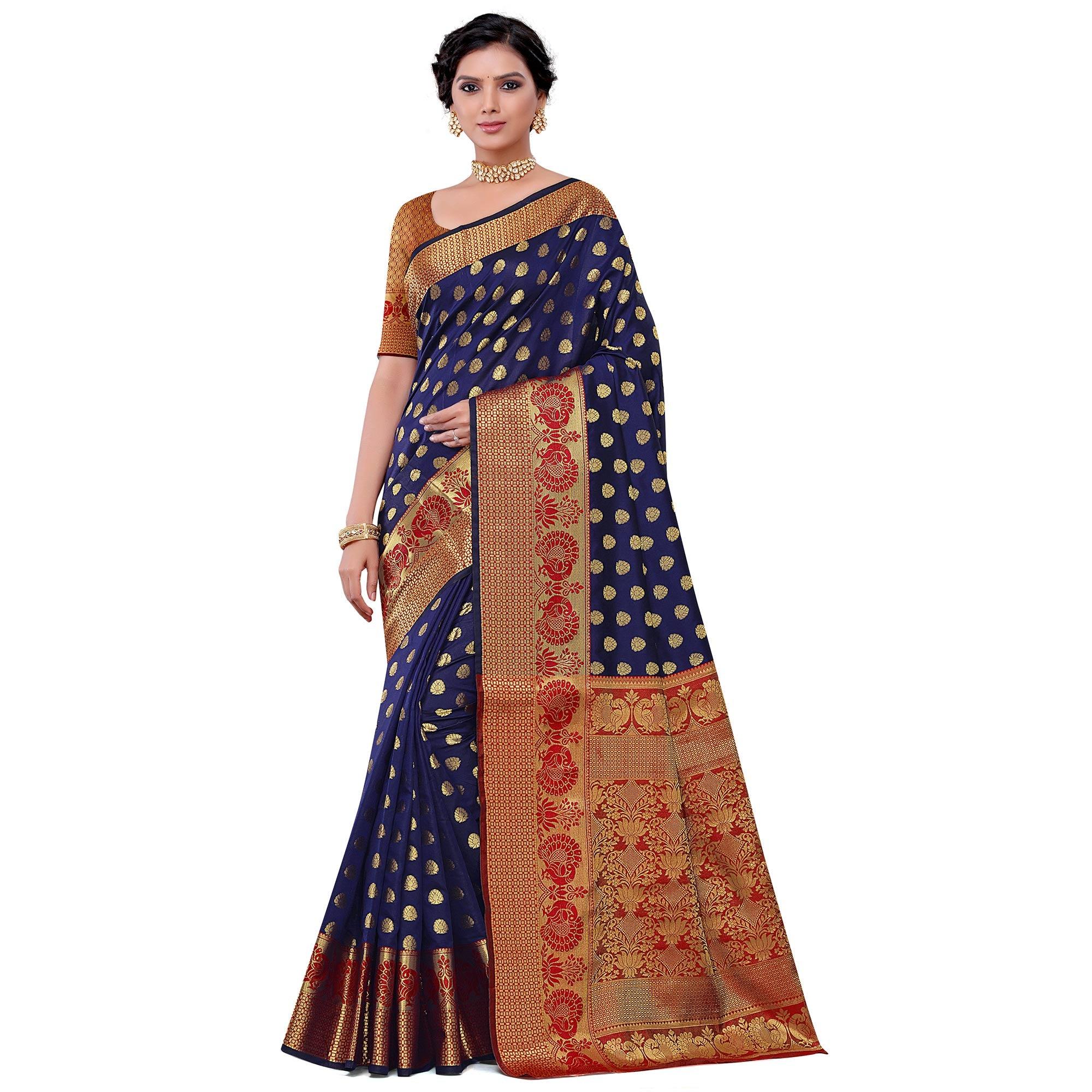 Staring Navy Blue Colored Festive Wear Woven Kota Art Silk Banarasi Saree - Peachmode