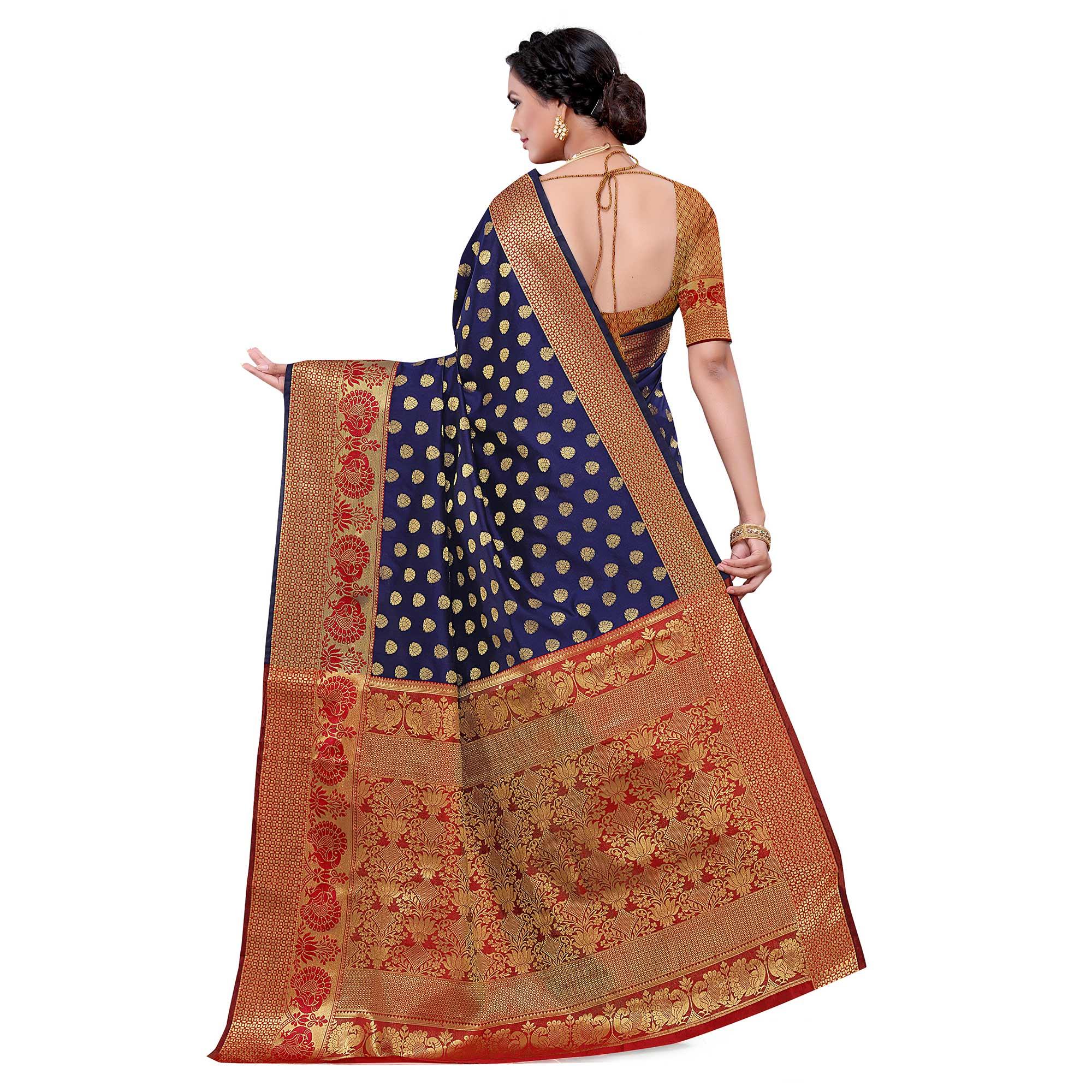 Staring Navy Blue Colored Festive Wear Woven Kota Art Silk Banarasi Saree - Peachmode