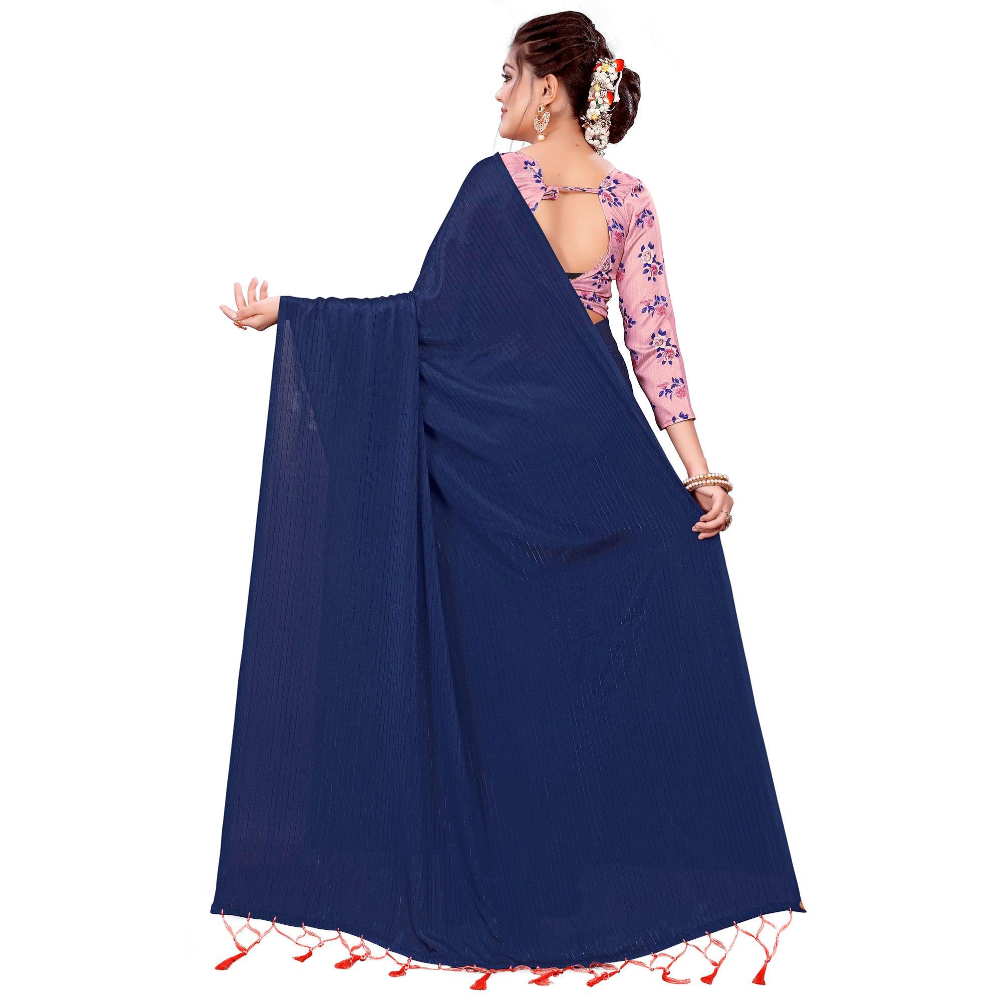 Staring Navy Blue Colored Party Wear Printed Georgette Saree With Tassels - Peachmode