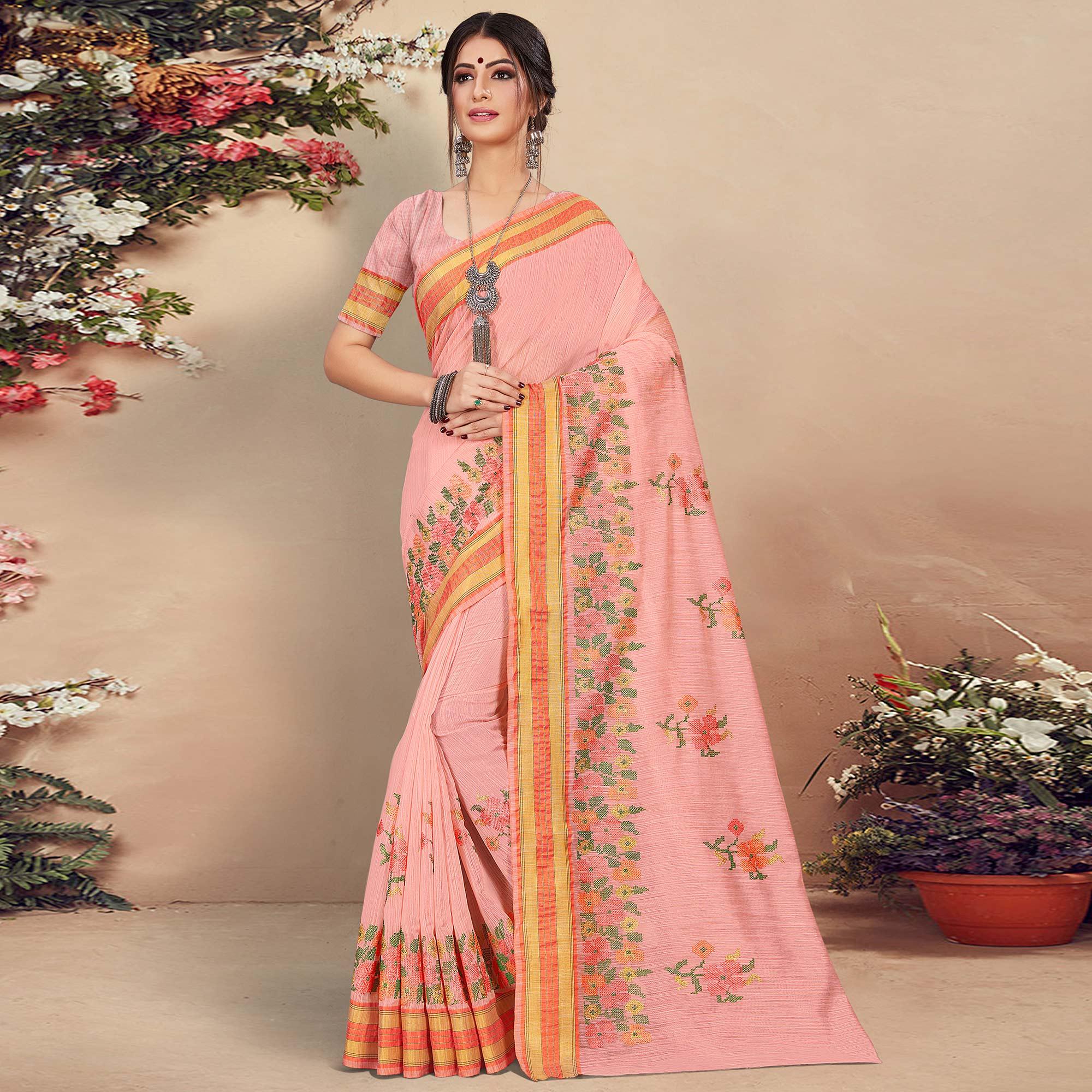 Staring Peach Colored Casual Wear Floral Printed Cotton Saree - Peachmode
