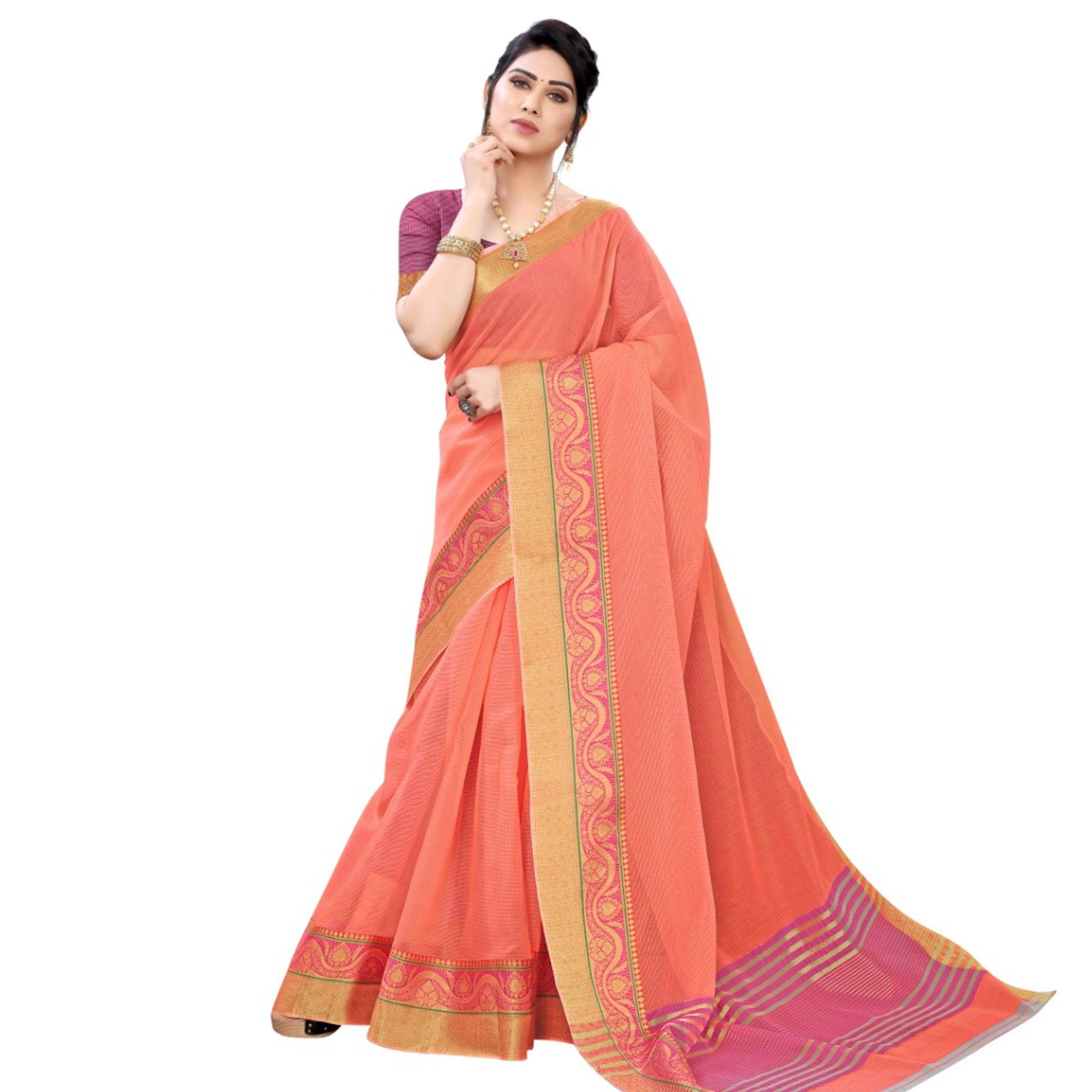 Staring Peach Colored Festive Wear Woven Silk Saree - Peachmode