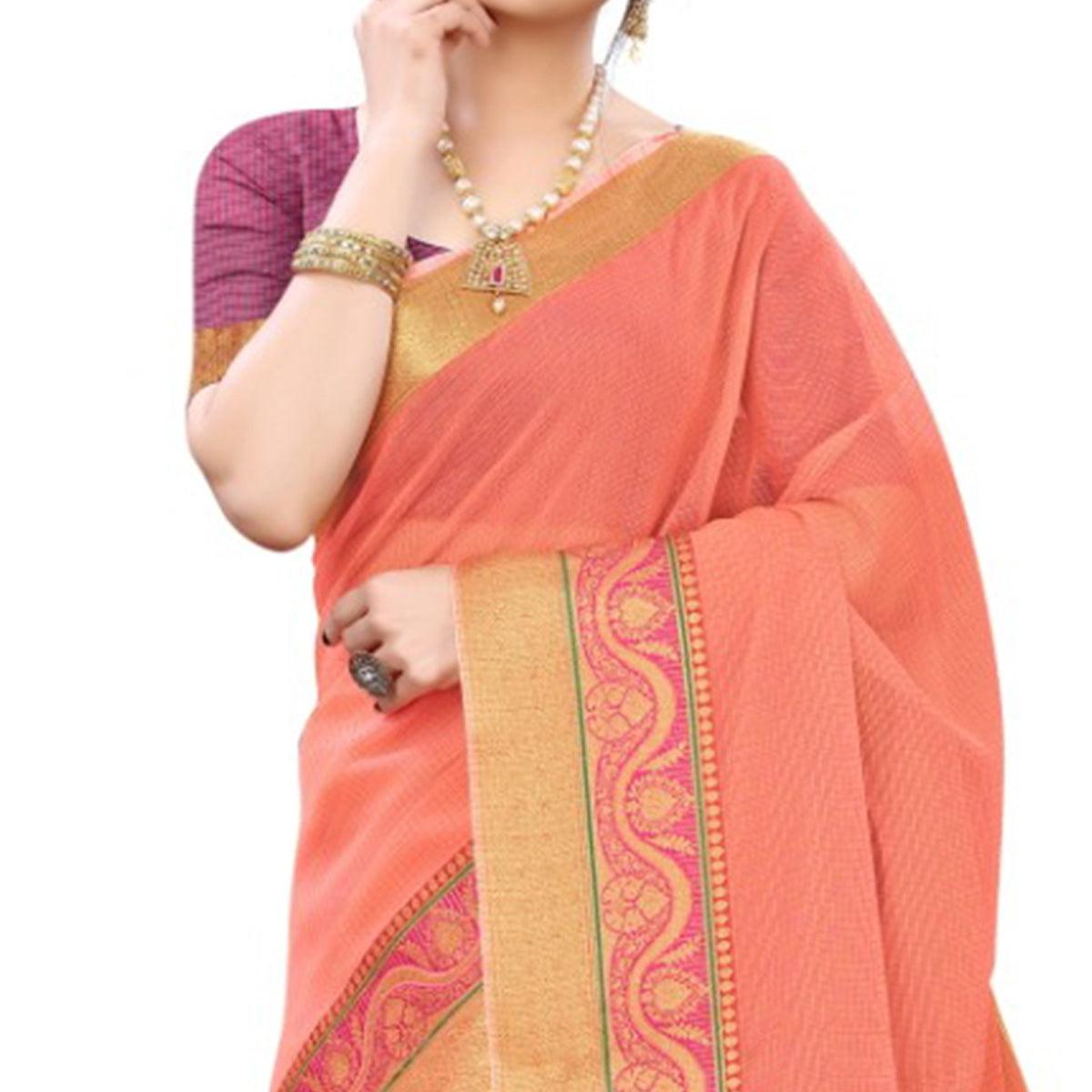 Staring Peach Colored Festive Wear Woven Silk Saree - Peachmode