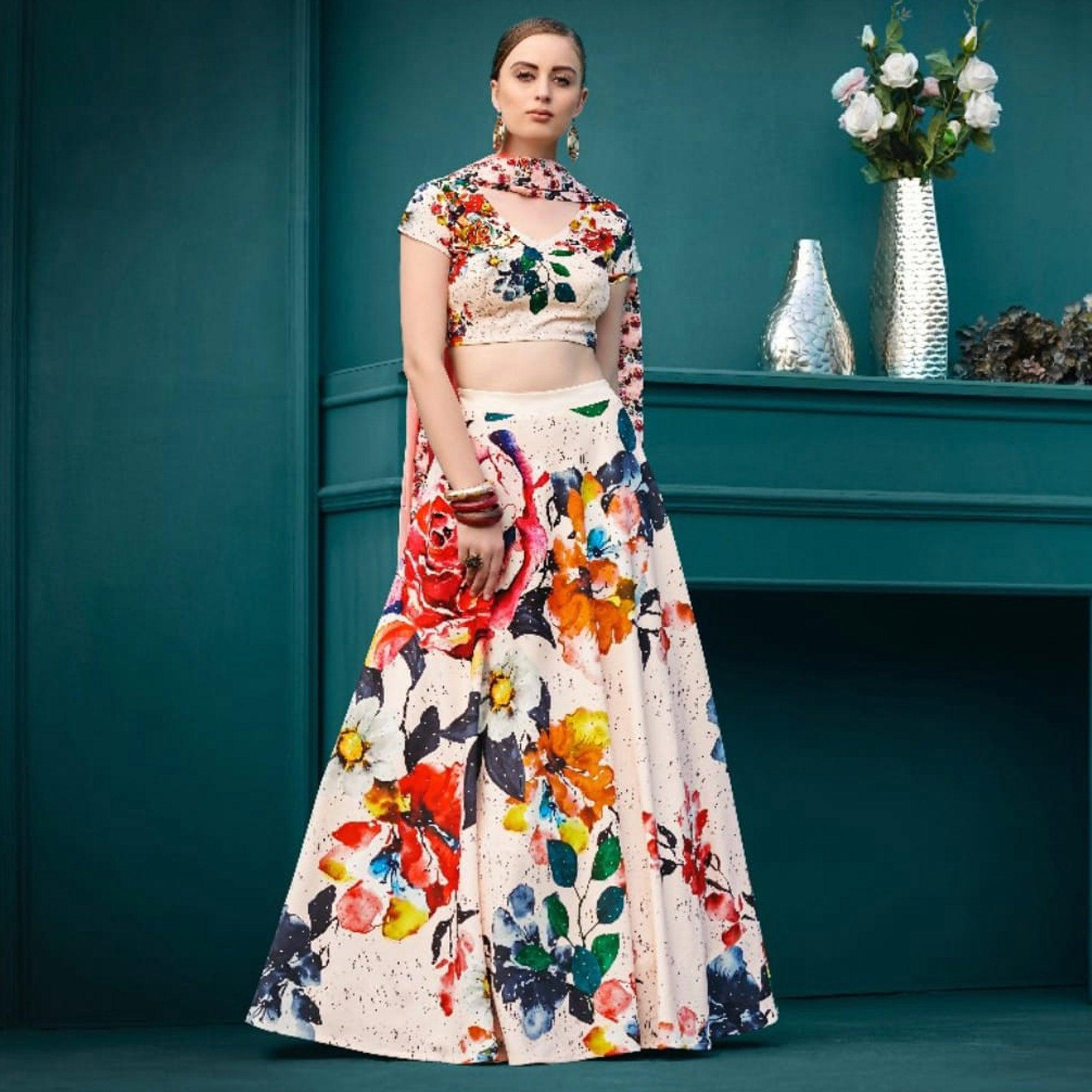 Staring Pink Colored Designer Partywear Digital Printed Silk Lehenga Choli - Peachmode