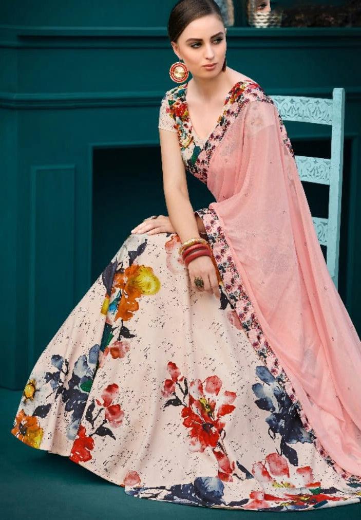 Staring Pink Colored Designer Partywear Digital Printed Silk Lehenga Choli - Peachmode