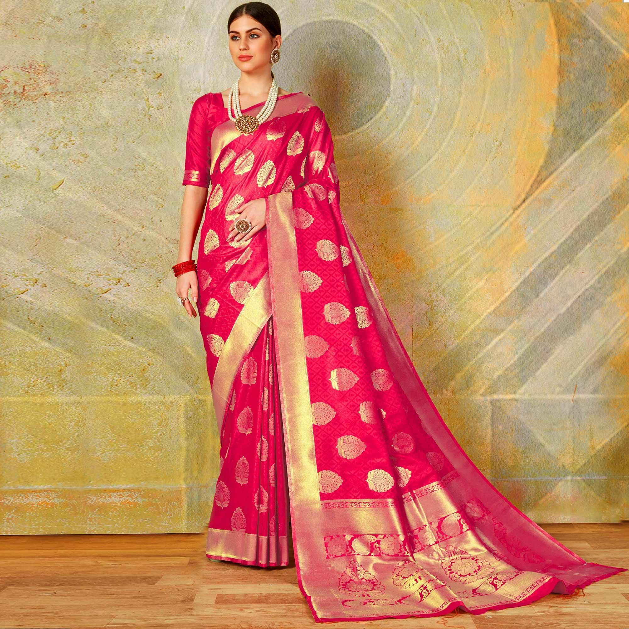 Staring Pink Colored Festive Wear Woven Handloom Silk Saree - Peachmode