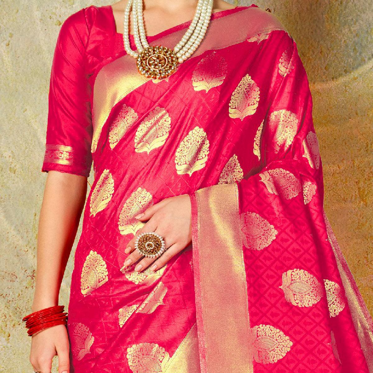 Staring Pink Colored Festive Wear Woven Handloom Silk Saree - Peachmode