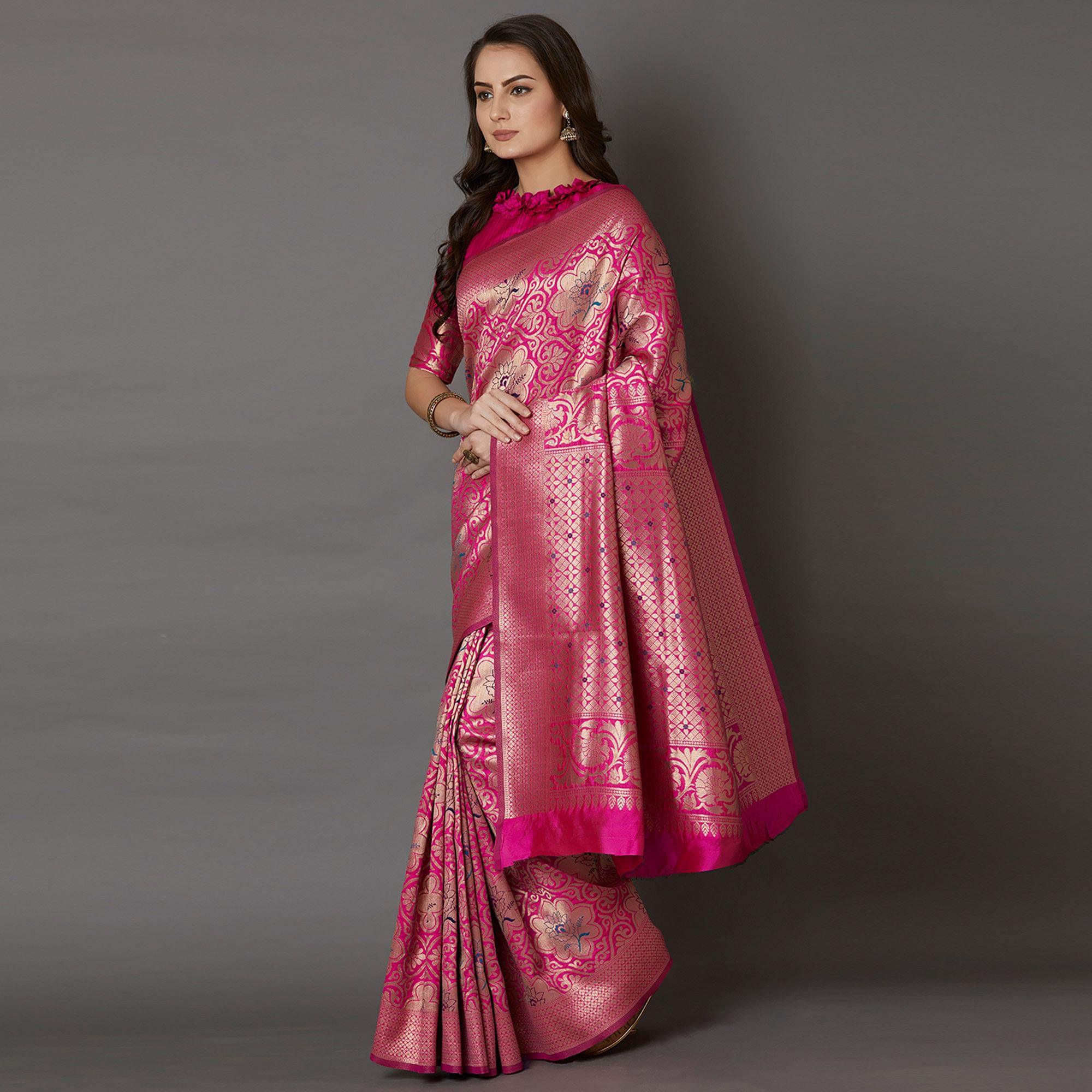 Staring Pink Colored Festive Wear Woven Silk Saree - Peachmode