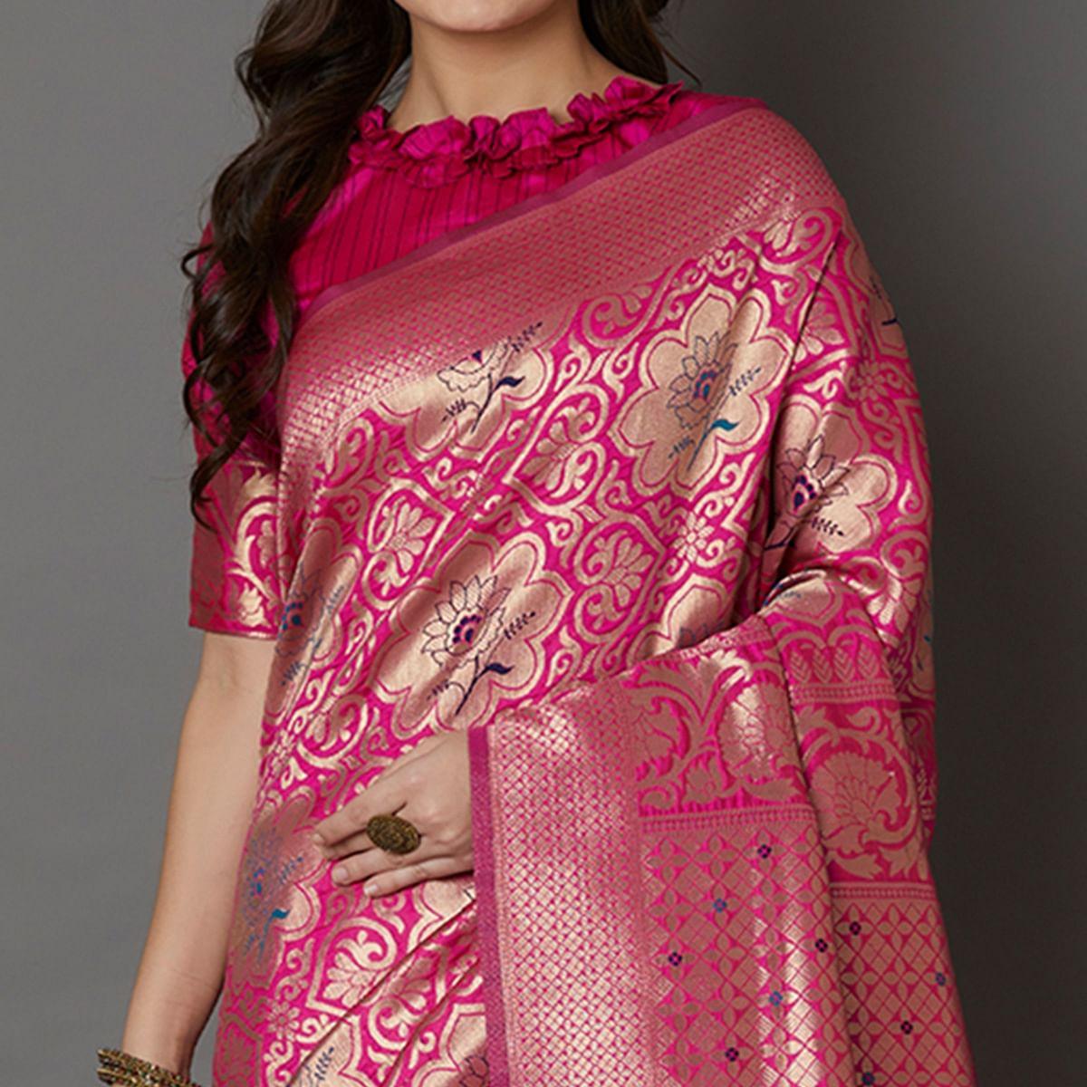 Staring Pink Colored Festive Wear Woven Silk Saree - Peachmode