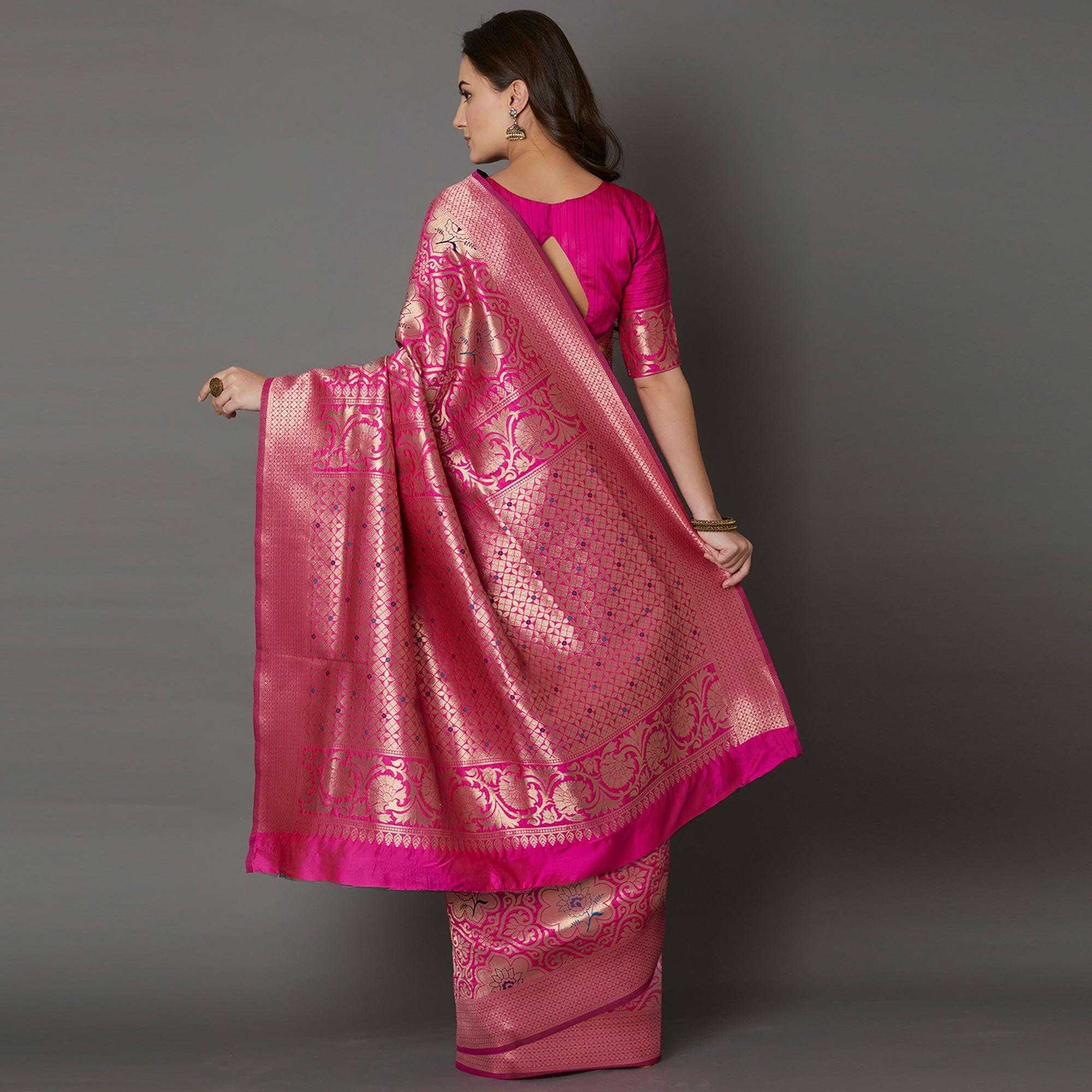 Staring Pink Colored Festive Wear Woven Silk Saree - Peachmode
