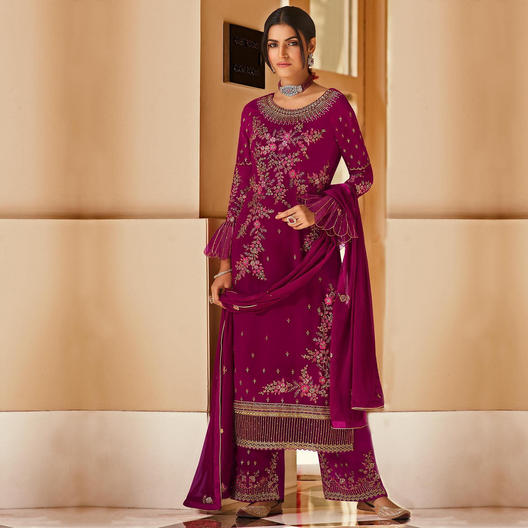Staring Pink Coloured Partywear Embroidered Pure Georgette Palazzo Suit - Peachmode