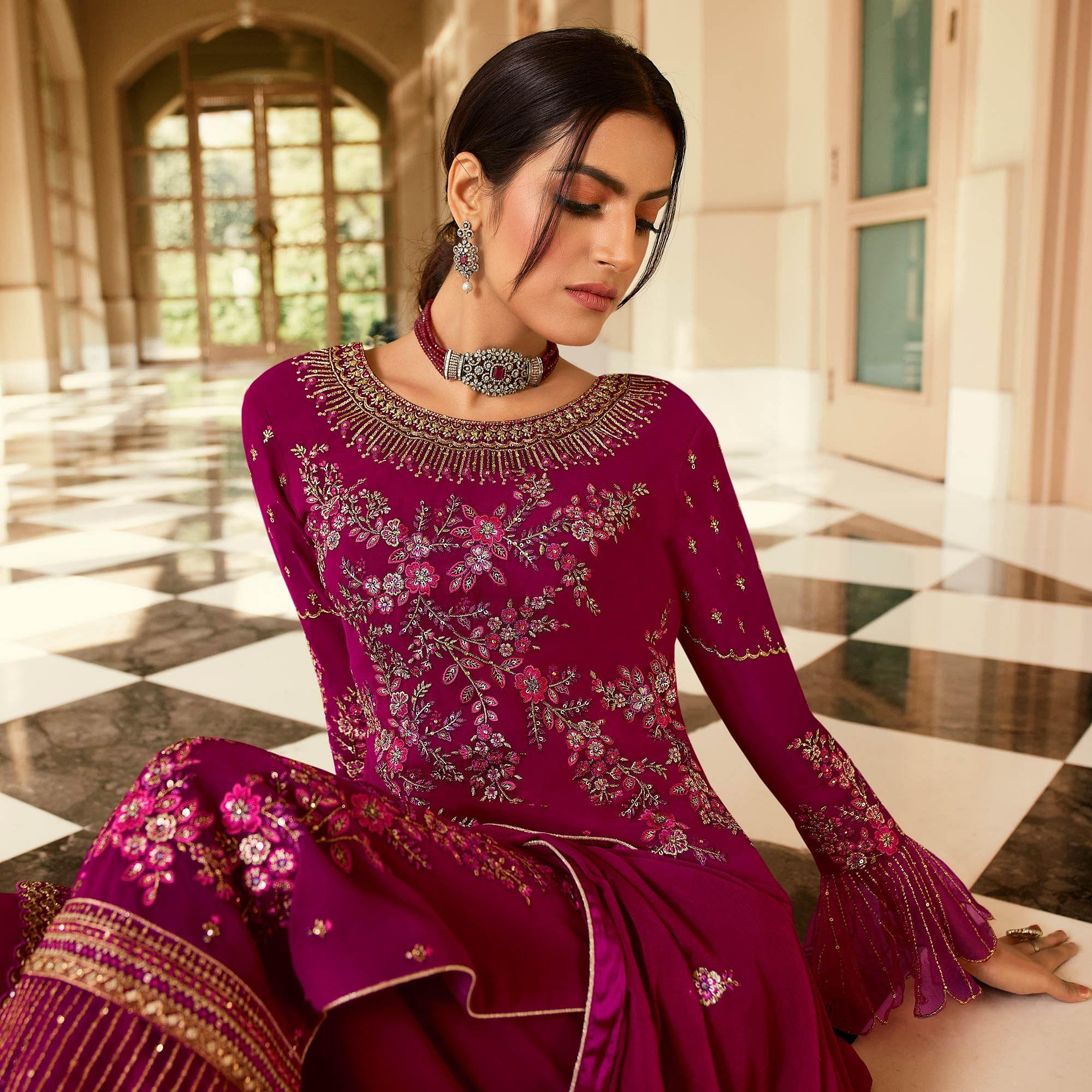 Staring Pink Coloured Partywear Embroidered Pure Georgette Palazzo Suit - Peachmode