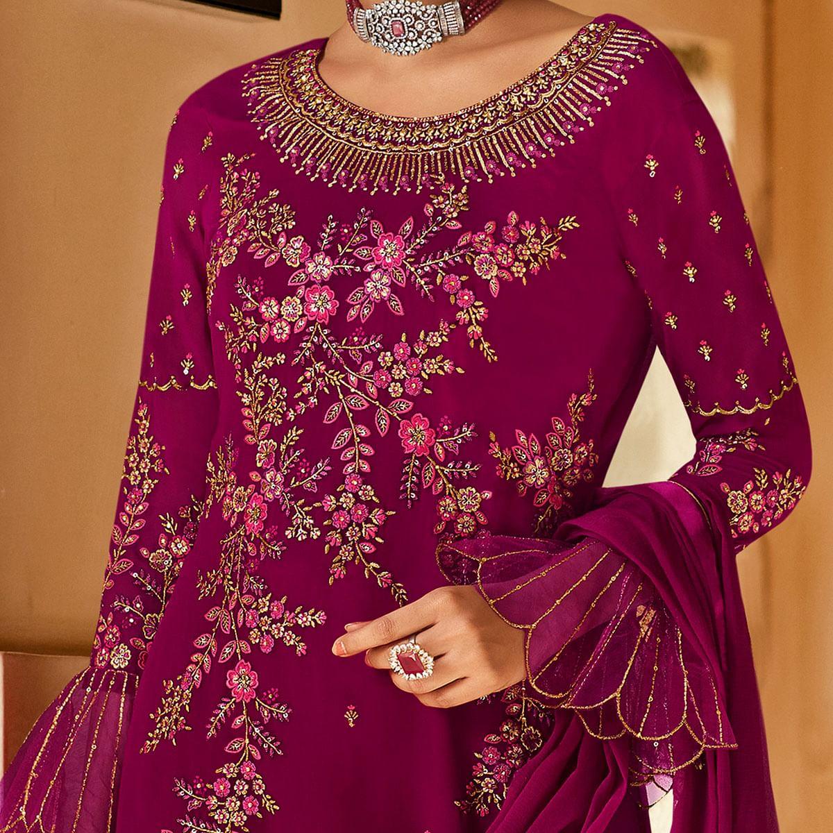 Staring Pink Coloured Partywear Embroidered Pure Georgette Palazzo Suit - Peachmode