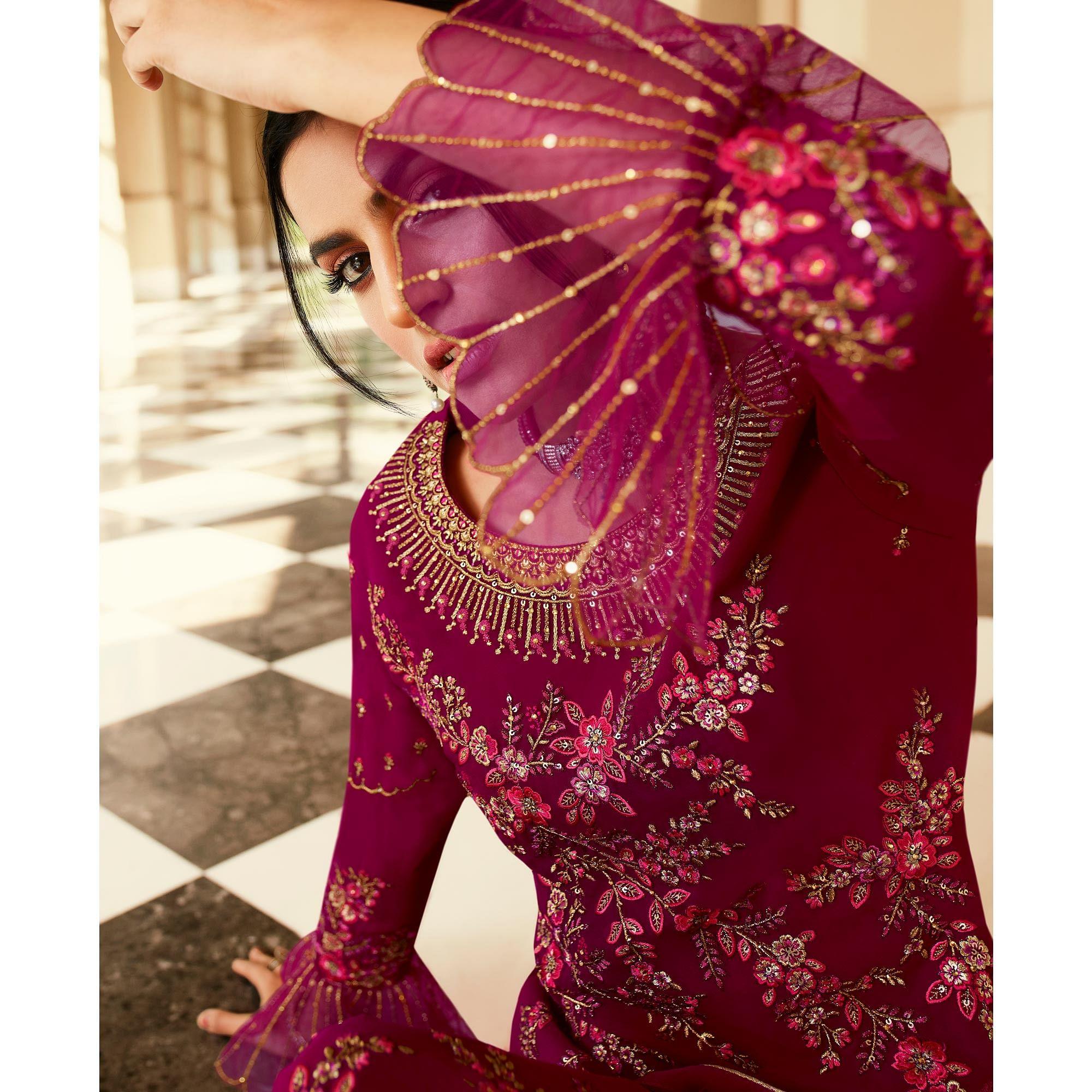 Staring Pink Coloured Partywear Embroidered Pure Georgette Palazzo Suit - Peachmode