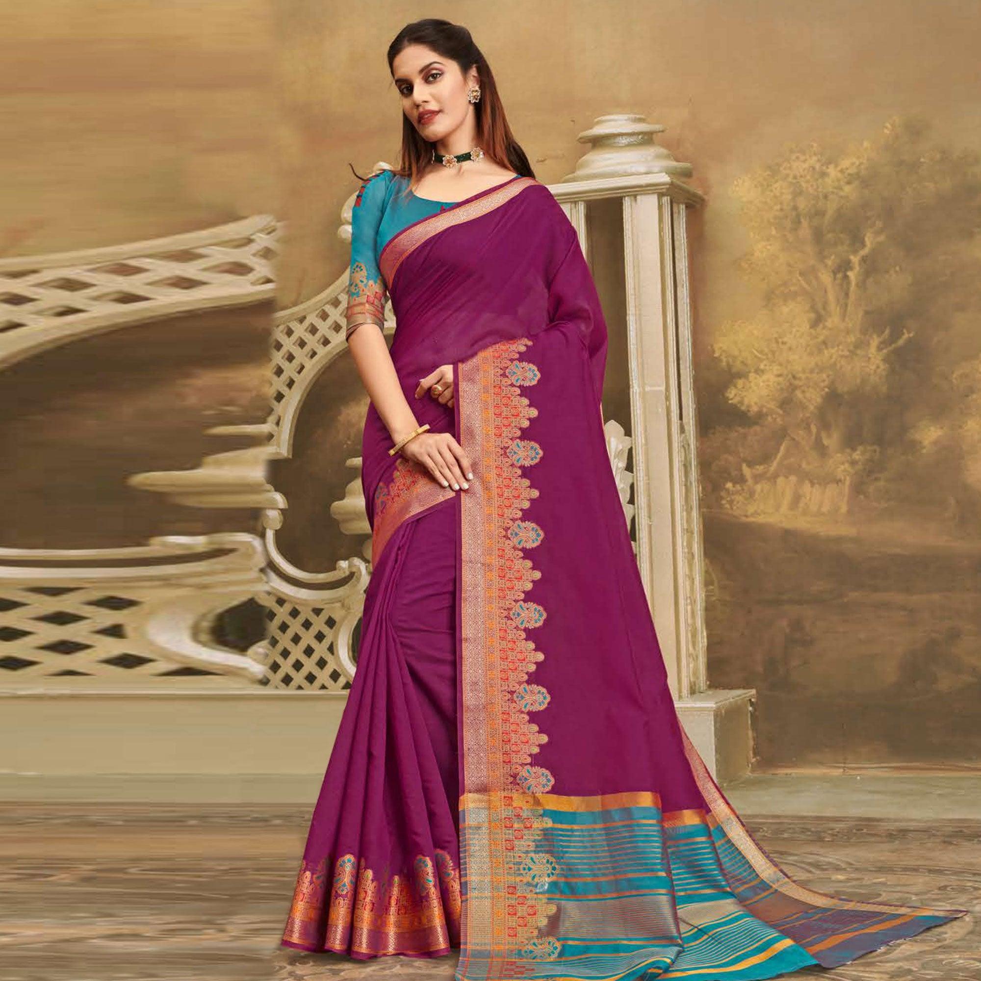 Staring Purple Colored Festive Wear Woven Cotton Handloom Saree - Peachmode