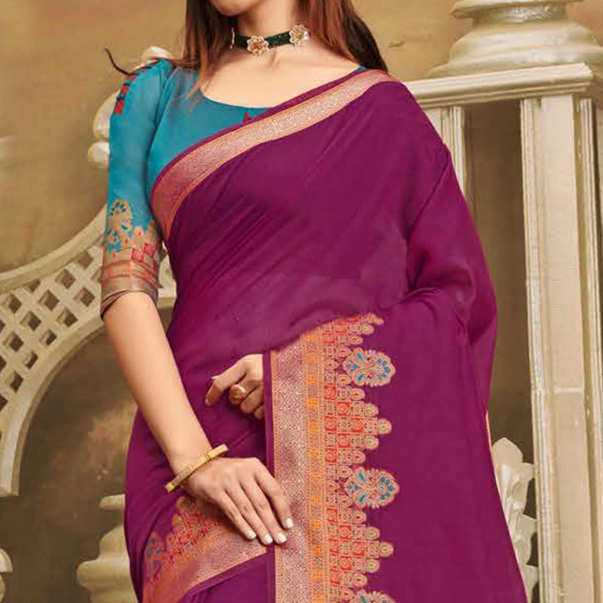Staring Purple Colored Festive Wear Woven Cotton Handloom Saree - Peachmode