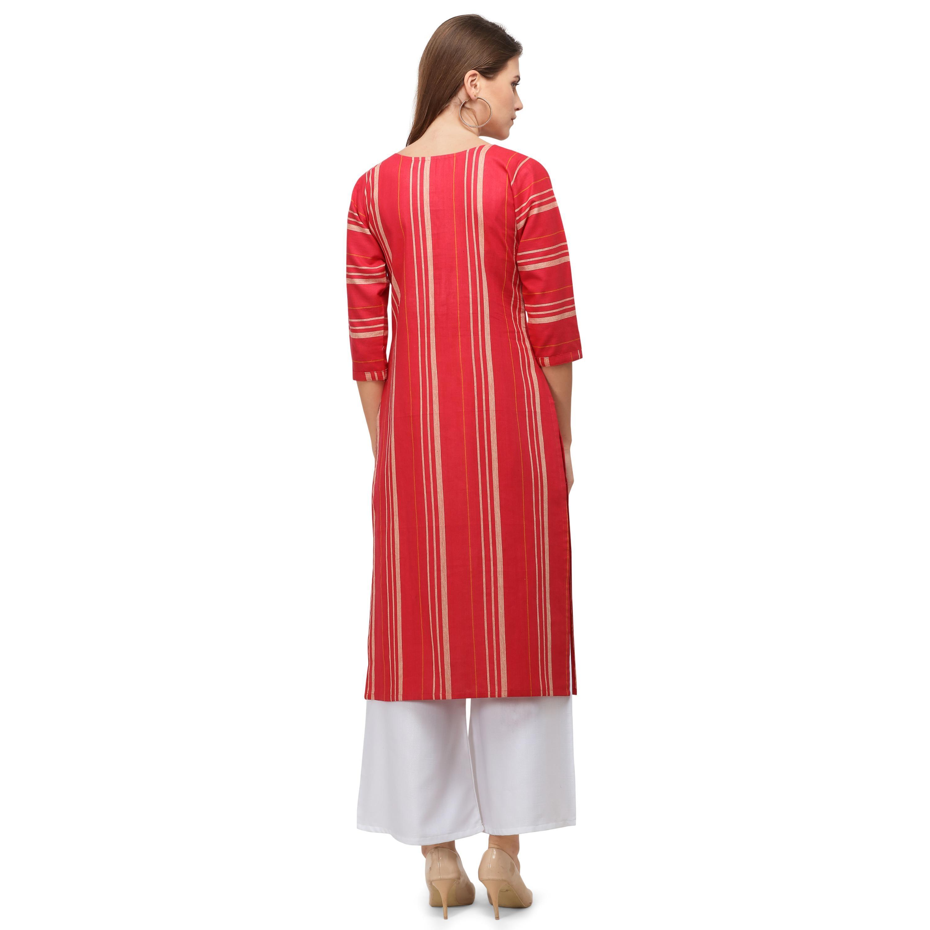Staring Red Colored Casual Wear Embroidered Cotton Kurti With Palazzo - Peachmode