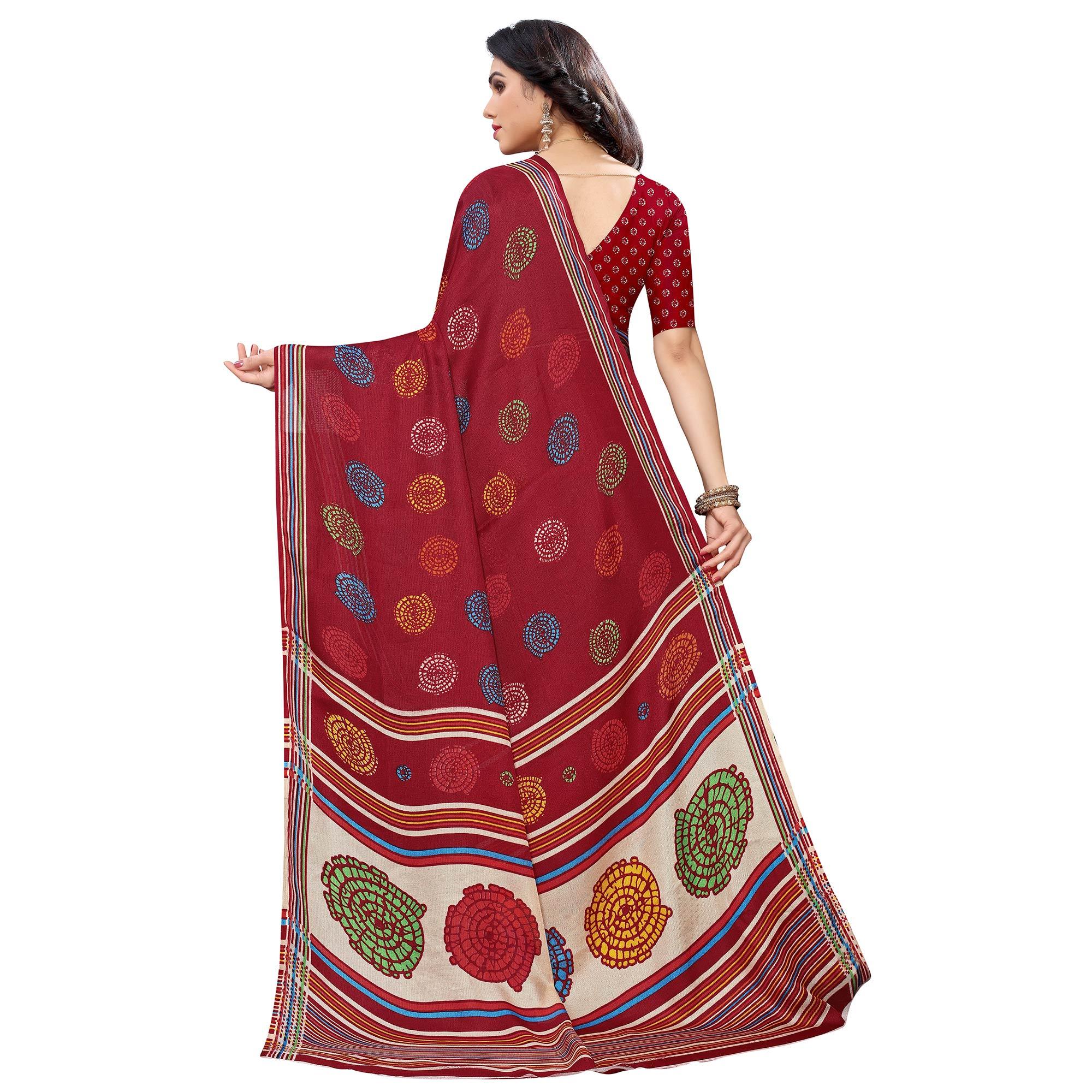 Staring Red Colored Casual Wear Printed Jute Silk Saree - Peachmode