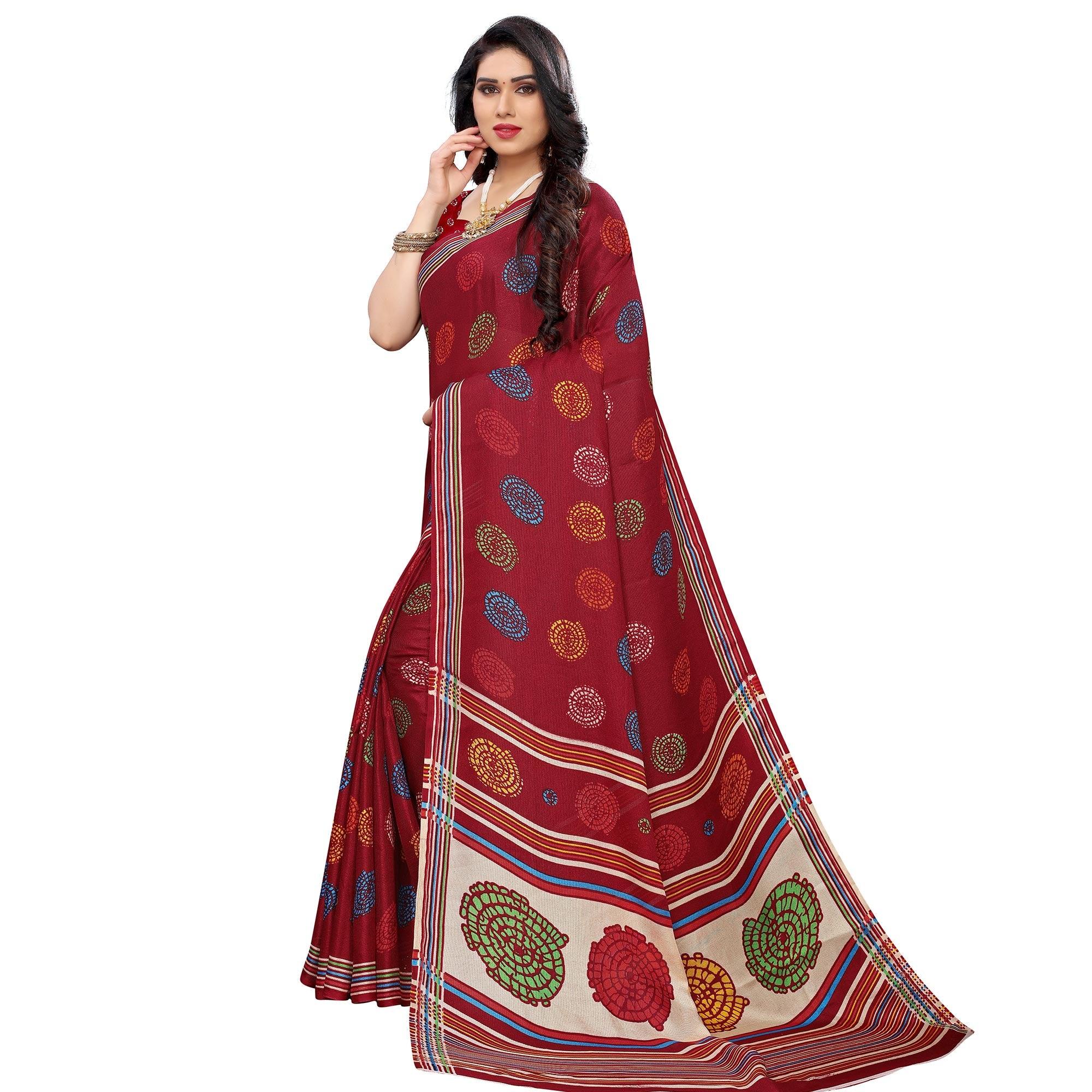 Staring Red Colored Casual Wear Printed Jute Silk Saree - Peachmode